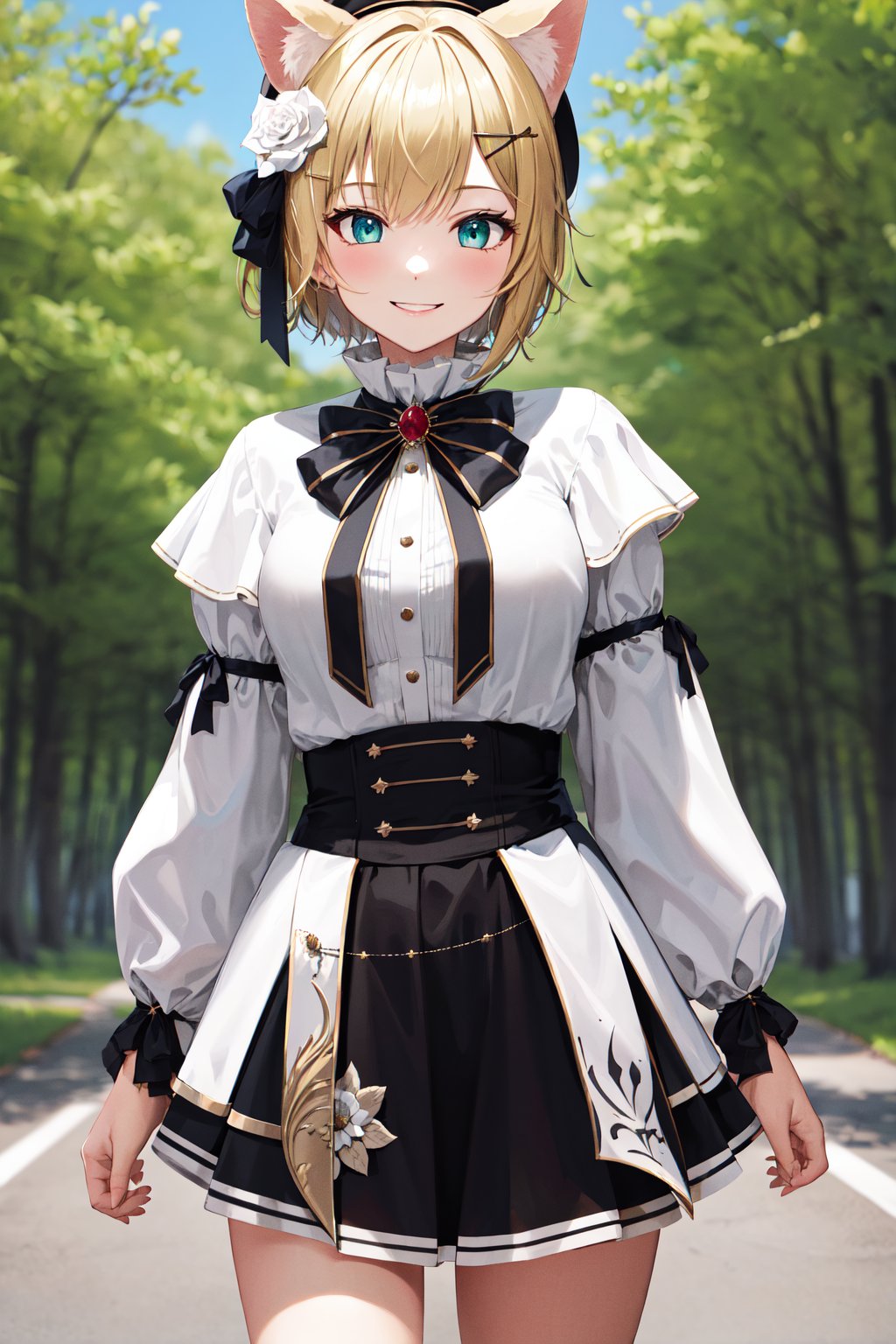 masterpiece, best quality, highres, bbnoah, short hair, animal ears, beret, black headwear, hair flower, white rose, hairclip, black bowtie, brooch, white shirt, black dress, long sleeves, puffy sleeves, black skirt, <lora:kurumi_noah_v1:0.7>, smile, standing, cowboy shot, outdoors