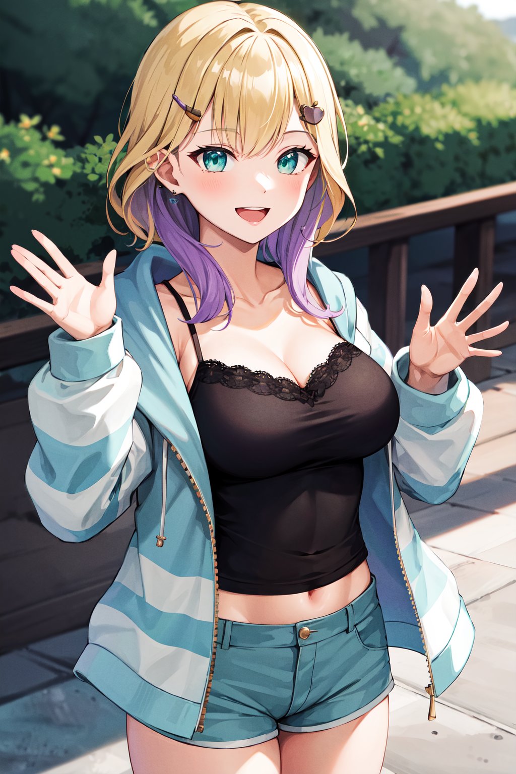 masterpiece, best quality, highres, ccnoah, medium hair, multicolored hair, hairclip, cleavage, black camisole, blue jacket, (striped jacket:1.1), long sleeves, sleeves past wrists, navel, shorts, <lora:kurumi_noah_v1:0.7>, waving, outdoors, smile, open mouth, 