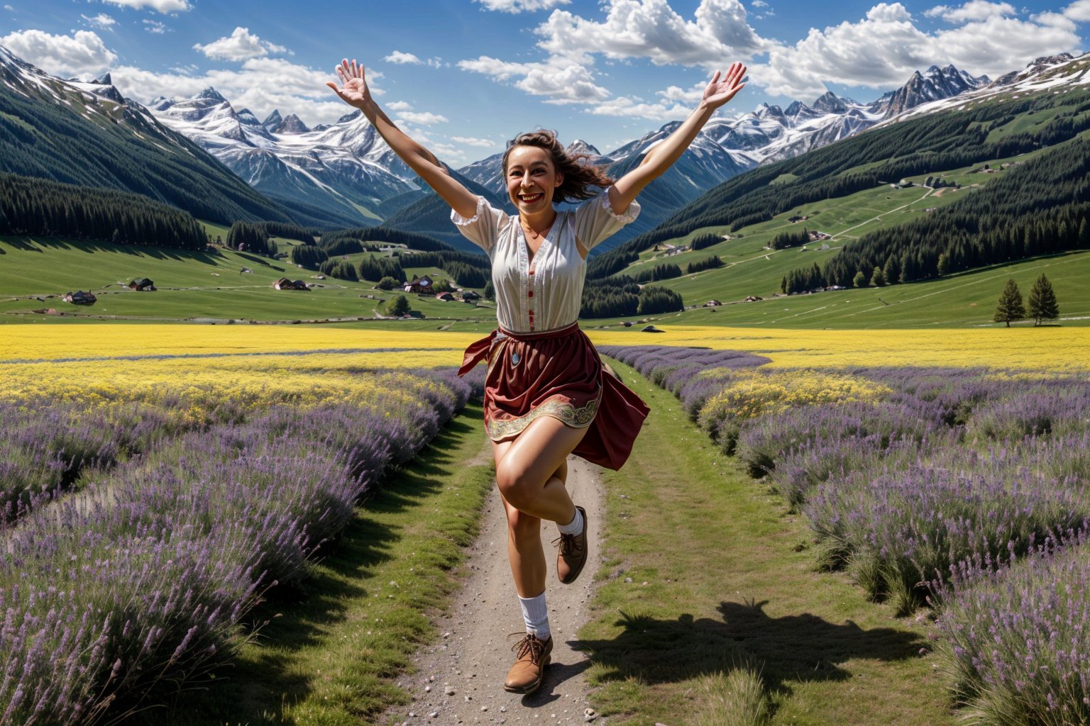 oil-painting, woman in traditional Tyrolean costume with her arms raised while running happily through a meadow, big smile, centered image, ultra detailed illustration, (tetradic colors), whimsical, ultra detailed face, focus on face,