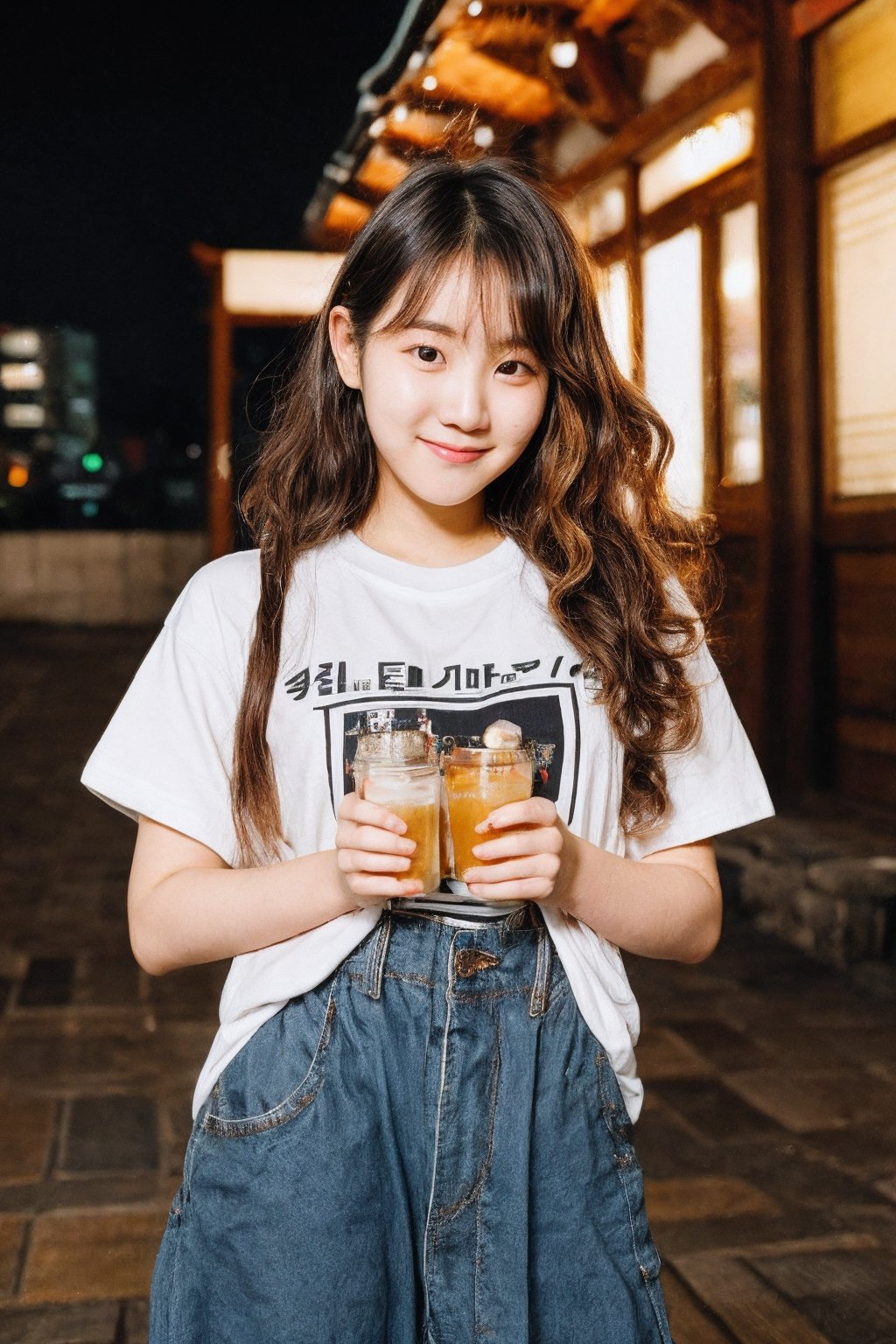 xxmix_girl, graininess,smile,cold,exposure,FilmGirl, 18_year_old, beautiful_korean_girl, girl in oversize t-shirt custume, realhands, curly_hair, brown_hair,LinkGirl,korean girl,1 girl,iu