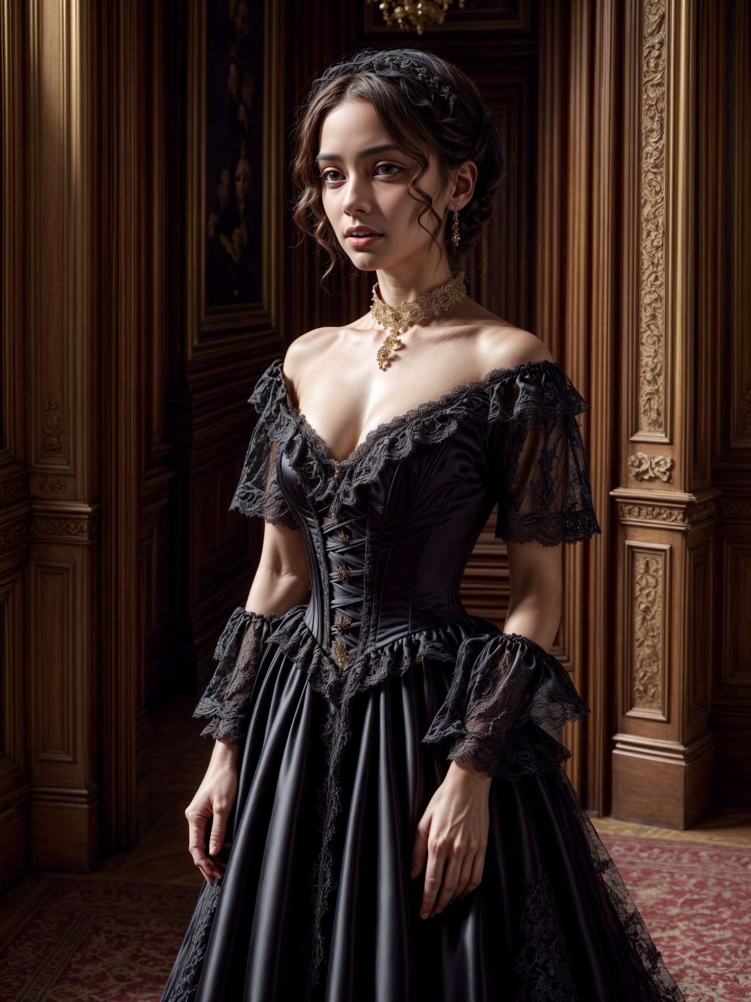 portrait, English woman, 25, dark hair in elaborate undo, wearing very wide and voluminous ornate ((black satin)) gown with basque top, large breasts, shoulder ruffles and skirt, lace sleeves,, (((turning to look at camera))), veil,  black necklace,, lace gloves on hands and fingers, fine skin detail with pores, moles, wrinkles,  bright colours, romantic lighting, in formal room with bright daylight coming through windows, colourful image, perfect hands, photo quality portrait, masterpiece, 8k, ,VICTORIAN DRESS