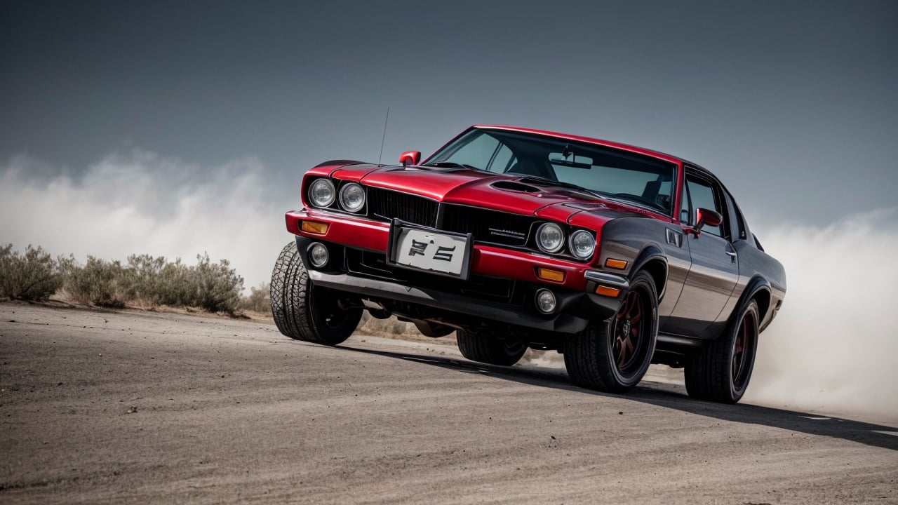 cinematic, filmic image 4k, 8k with [George Miller's Mad Max style]. The image should be captured in a [wide-angle view] and depict [single] a [post-apocalyptic] V8 [muscle car]. The car's paint is a [black] covered in a spots of [rust] and thin layer of smooth [dust] and [dirt], making it appear [rugged] and [gritty] but with visible [black color]The car's body should be [sleek] and [aerodynamic], giving it a [low] and [aggressive] stance that conveys [power] and [speed]. The front of the car should feature a [distinctive] front nose cone with [rectangular lights] that adds to its [intimidating] appearance. The car's wheels should be [large] and [sturdy], with [thick] tires that can handle the [rough] terrain of the [post-apocalyptic] wasteland. The rims should be made of [durable] metal with a [unique design] that showcases the car's [individuality].In addition, the car should have [eight exhaust side pipes]. The car should also feature a Weiand 6-71 [supercharger] mounted on the hood, protruding through the bonnet.Car should be designed to look both [powerful] and [functional], built to withstand the [harsh] conditions of the [post-apocalyptic] wasteland.The image should be [ultra-realistic], with [high-resolution] captured in [natural light]. The lighting should create [soft shadows] and showcase the [raw] and [vibrant colors] of the car. The image should be a highly-detailed photography set in a [post-nuclear], [fallout] like setting, conveying a sense of [danger] and [grittiness]. The final image should be a [masterpiece], with a [realistic portrayal] of the Interceptor that is both [intimidating] and [awe-inspiring]. Background should contain [empty desert highway], image takes place before the storm, with the [hot summer sun] still shining brightly in the sky, but in the distance, the sky is a [dark and foreboding shade of blue], hinting at an impending storm