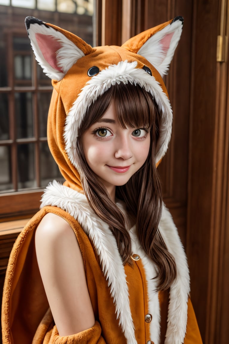 1girl, caucasian, adult, indoors, colorful, cute fox costume, ultra realistic, best quality, ultra detailed, average girl, upper body, closeup