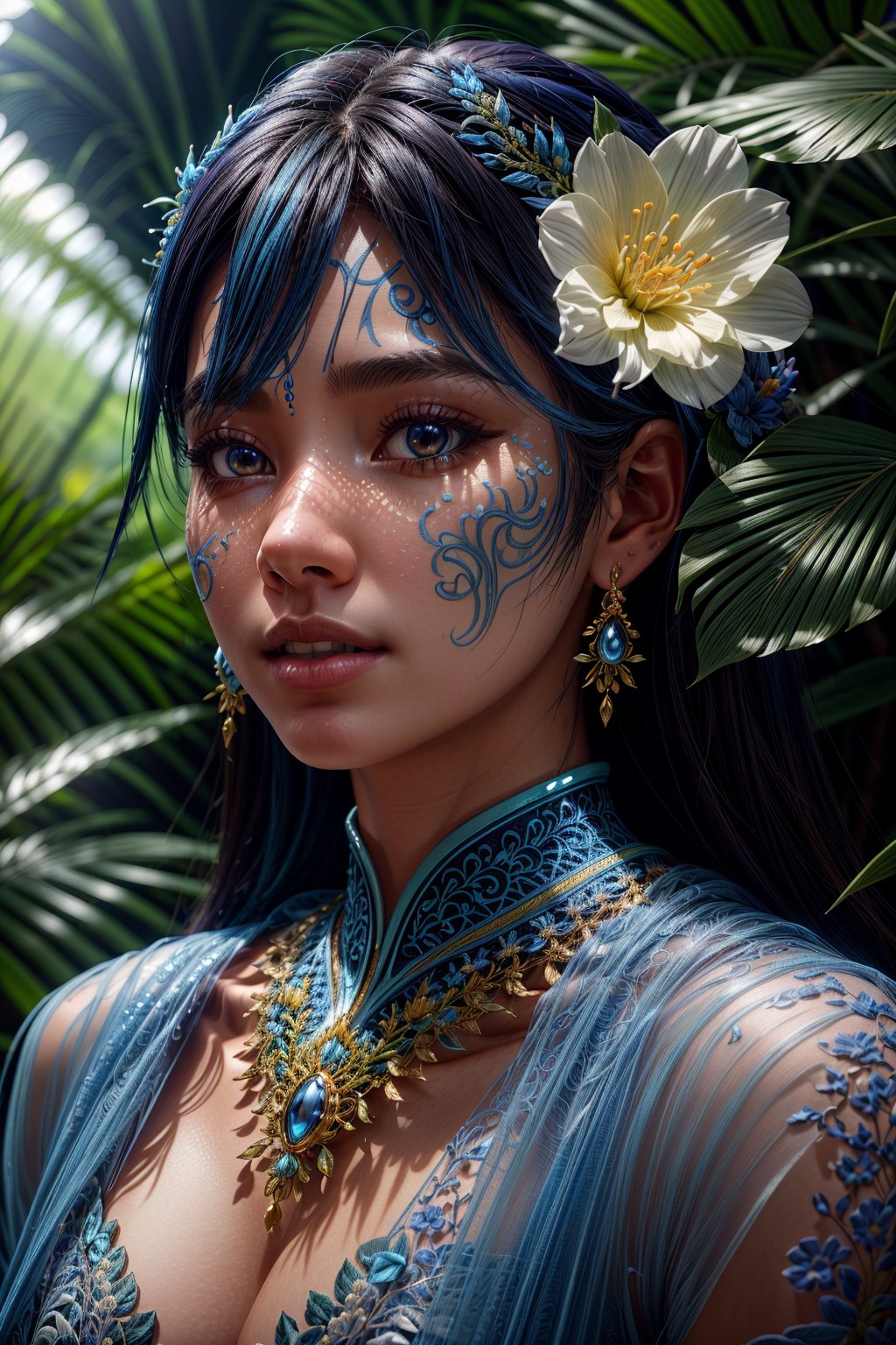 fashion photography portrait of blue human avatar, in blue lush jungle with flowers and birds, 3d render, cgi, symetrical, octane render, 35mm, bokeh, 9:16, (intricate details:1.12), hdr, (intricate details, hyperdetailed:1.15), (natural skin texture, hyperrealism, soft light, sharp:1.2),More Detail