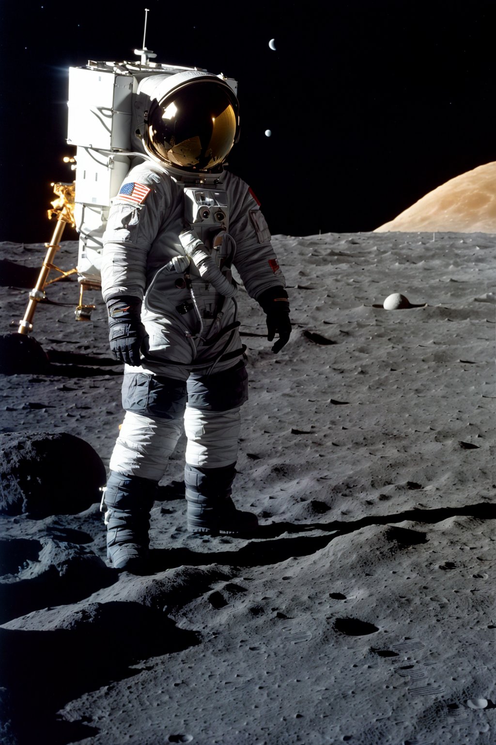 A captivating and realistic portrayal of an astronaut exploring the lunar surface. The astronaut should be wearing a spacesuit and standing on the moon's rocky terrain. The background can be the vast lunar landscape with craters and the Earth visible in the distance. The lighting should mimic the natural sunlight on the moon. The camera should use a medium lens (50mm) to capture the astronaut's stance and the moon's details. The shot should be a medium shot, showcasing the astronaut in the lunar environment. The image should be rendered in high resolution (4K) to capture the textures of the moon's surface. (lunar exploration:1.3), (rocky terrain:1.15), (vast lunar landscape:1.1), (natural lighting:1.15), (medium lens:1.15), (medium shot:1.1), (high resolution:1.2)