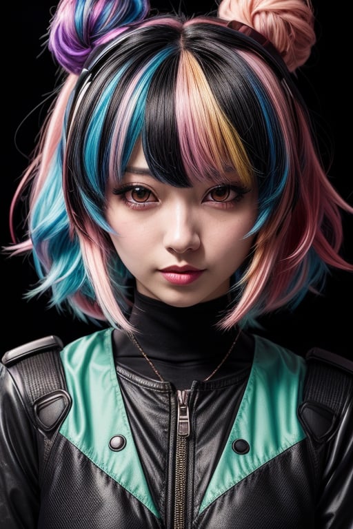 a close up of a person with a colorful hair and a black background, anime style mixed with fujifilm, anime vibes, dreamy colorful cyberpunk colors, ufotable art style, colorful and dark, colorful aesthetic, hyper colorful, anime styled digital art, anime style. 8k, anaglyph effect ayami kojima, anime style 4 k, neon and dark