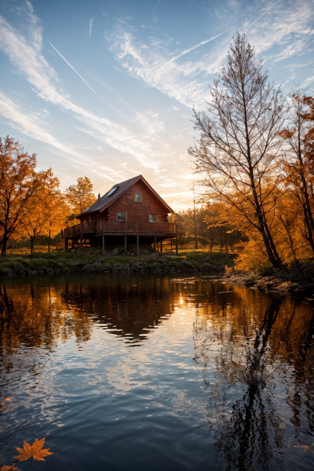 Wooden cabin in the midle of Lake, perfect sunset light on far away, golden rays , water reflection, breeze atmosphere, magnificent view, serene forest around, maple leaves floating , perfect composition, perfect light, profesional shot, canon 5d mark iv 75mm lens f2.8, dark to light, 8k unity wallpaper ,high_res