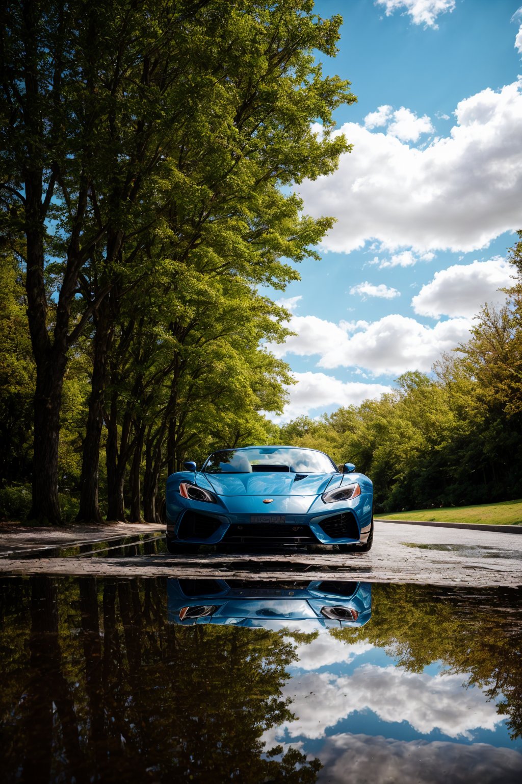 masterpiece,photo of landscape, sunny weather,(sports car,color {blue and red incandescent}), 8k,hdr, high quality, film grain,reflection masterpiece, vivid colours , weather ,puddles