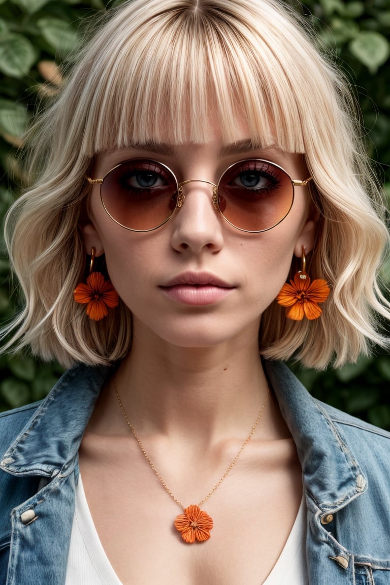 1girl, short hair, blue eyes, earrings, simple background, flower, upper body, hair flower, orange-tinted eyewear, sunglasses, necklace, jacket, closed mouth, floral print, bangs, blonde hair, white hair, makeup, round eyewear, piercing, details, realist skin, skin detailed, underboobs, tatoos,art 