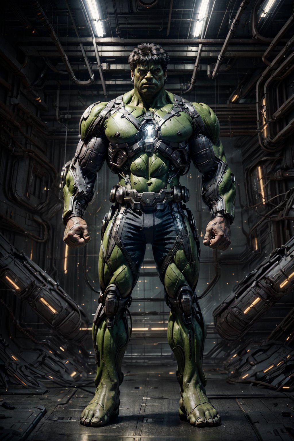 Hulk as a cyborg in 3025 years, detailed face, wearing a steel suit, marvel movies like, cinematic, unreal engine, 2k,background very detailed, everything perfect 