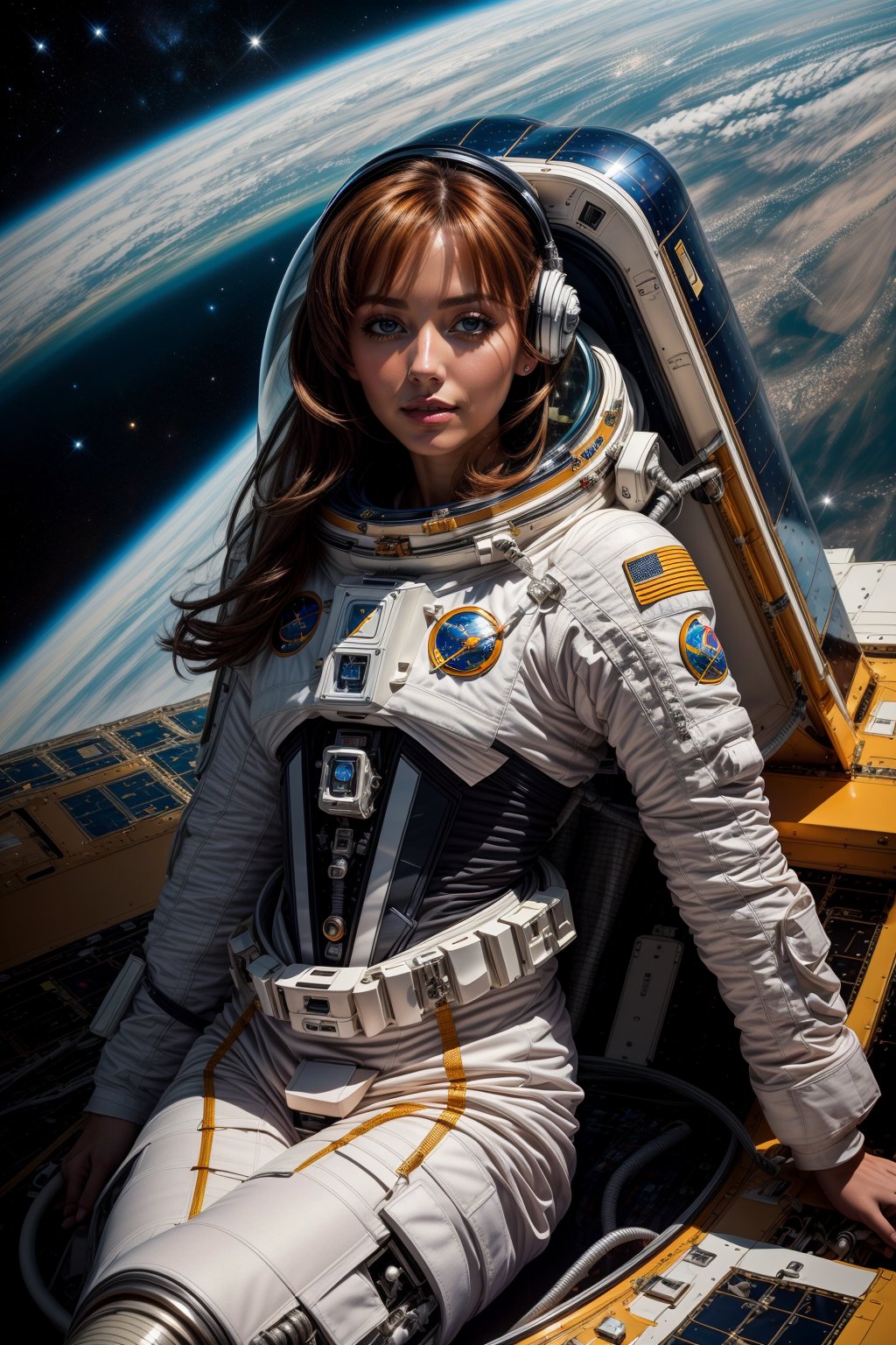 masterpiece, best quality, ultra high resolution, visually stunning, beautiful, award-winning art (abstract art: 1.3),  beautiful ))),masterpiece, best quality, ultra high resolution, visually stunning, beautiful, award-winning art (abstract art: 1.3),  beautiful ))), photo of A Alisa Selezneva on board the Pegasus spacecraft in a spacesuit,more detail XL,More Detail