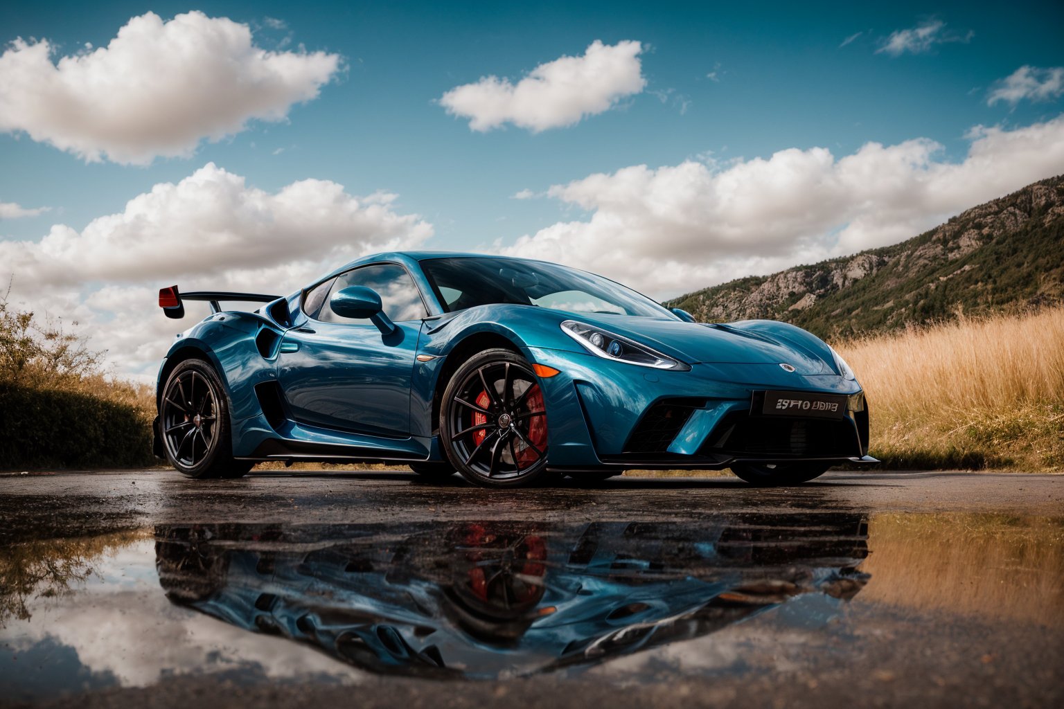 masterpiece,photo of landscape, sunny weather,(sports car,color {blue and red incandescent}), 8k,hdr, high quality, film grain,reflection masterpiece, vivid colours , weather ,puddles