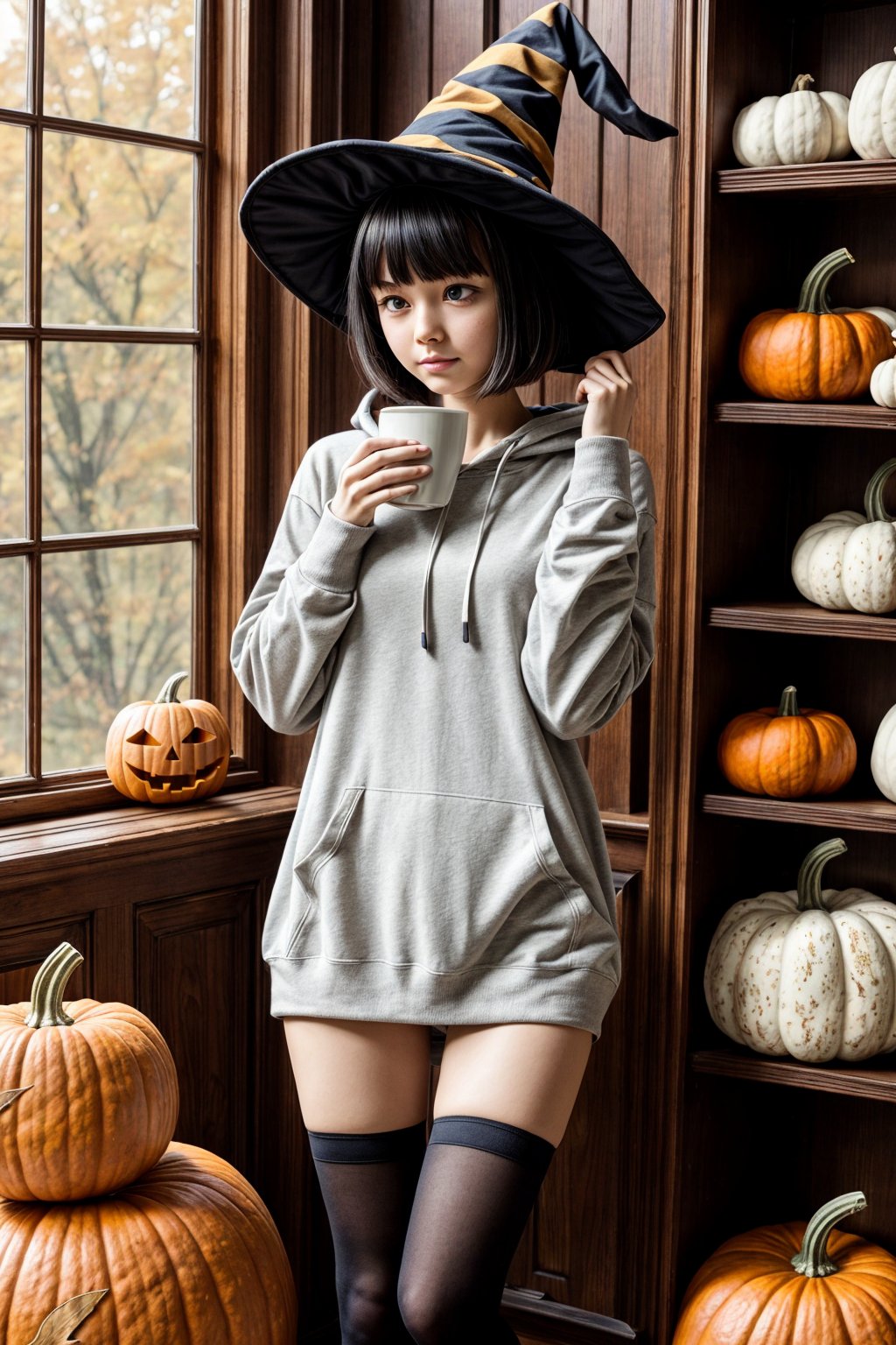 masterpiece, best quality, nice hands, perfect hands, 1 girl, pale, white skin, bluish_black_hair, bob_cut, straight hair, blunt bangs, dark_blue_eyes, black eyes, flat_chested, halloween striped thighhighs, witch hat, hoodie, shy, blush, animal, cat, cozy, fall, autumn, coffee, falling leaves, pumpkins, blanket, clutter, window, ghibli studio style,ghibli style, cinematic light, cinematic view, High detailed,