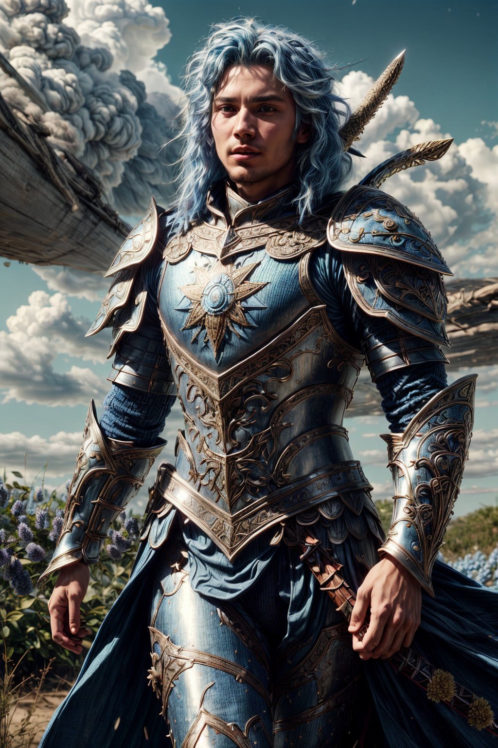 (4k), (masterpiece), (best quality),(extremely intricate), (realistic), (sharp focus), (cinematic lighting), (extremely detailed),

A girl knight in white plate armor with cerulean blue embroideries, walking across a battlefield, her sword raised in defiance. The sun is shining through her flowing long blue hair giving the scene a slightly blue tint.

,flower4rmor, flower warrior armor,Flower
,matwaretech, scifi, blue hues
,stealthtech
,glyphtech