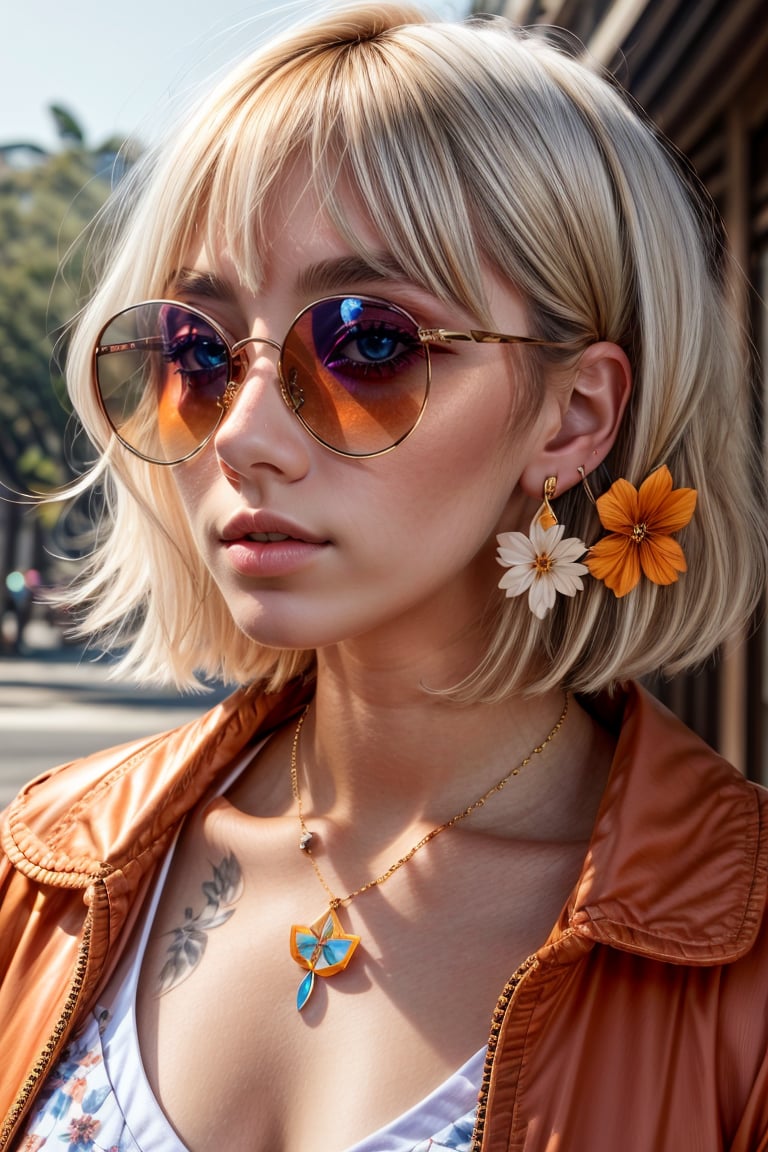 1girl, short hair, blue eyes, earrings, simple background, flower, upper body, hair flower, orange-tinted eyewear, sunglasses, necklace, jacket, closed mouth, floral print, bangs, blonde hair, white hair, makeup, round eyewear, piercing, details, realist skin, skin detailed, underboobs, tatoos,art 