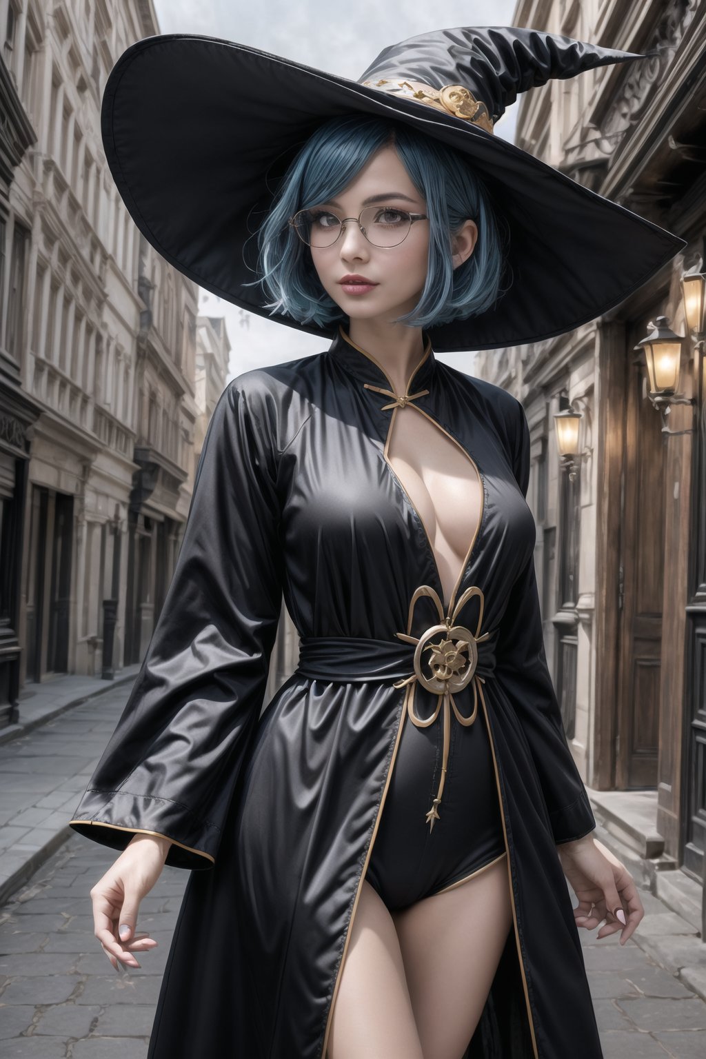 anime style portrait of a beautiful halloween glasses elder witch wearing (black magic robe), (fusion of black magic robe: and aodai:1.3), (black witch hat:1.2), futuristic_aodai, wearing a glasses:1.3, ((;D:1.3)), perfect face,perfect eyes,HD details,high details,sharp focus,studio photo,HD makeup,shimmery makeup,celebrity makeup,(( centered image)) (HD render)Studio portrait,magic, magical, fantasy, halloween, moon, jack-o' challenge, light-blue hair, short bob hair, bangs, arms behid back, Mechanical part, hallowenn town, trick or treet,  magic aura background, cute, spelling, under tree, ,Witchblade,teengirlmix,Moon Witch,Circle, halloween, 