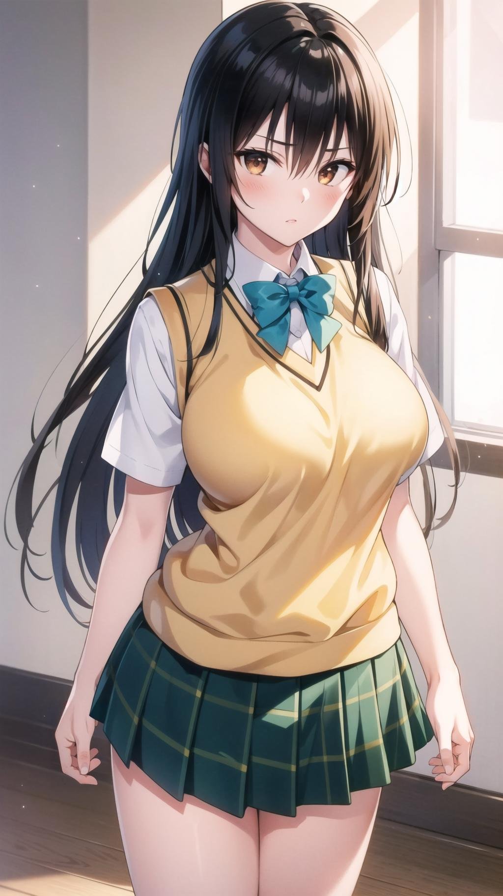 masterpiece, best quality, highres,    <lora:kotegawa_v1_locon-000002:0.6>,kotegawa yui, long hair, black hair, large breasts,, red eyes, (brown eyes:1.4), shirt, white shirt, collared shirt, short sleeves,  school uniform,yellow sweater vest aqua bowtie,skirt, pleated skirt, plaid skirt, green skirt, , miniskirt, ,BREAK,