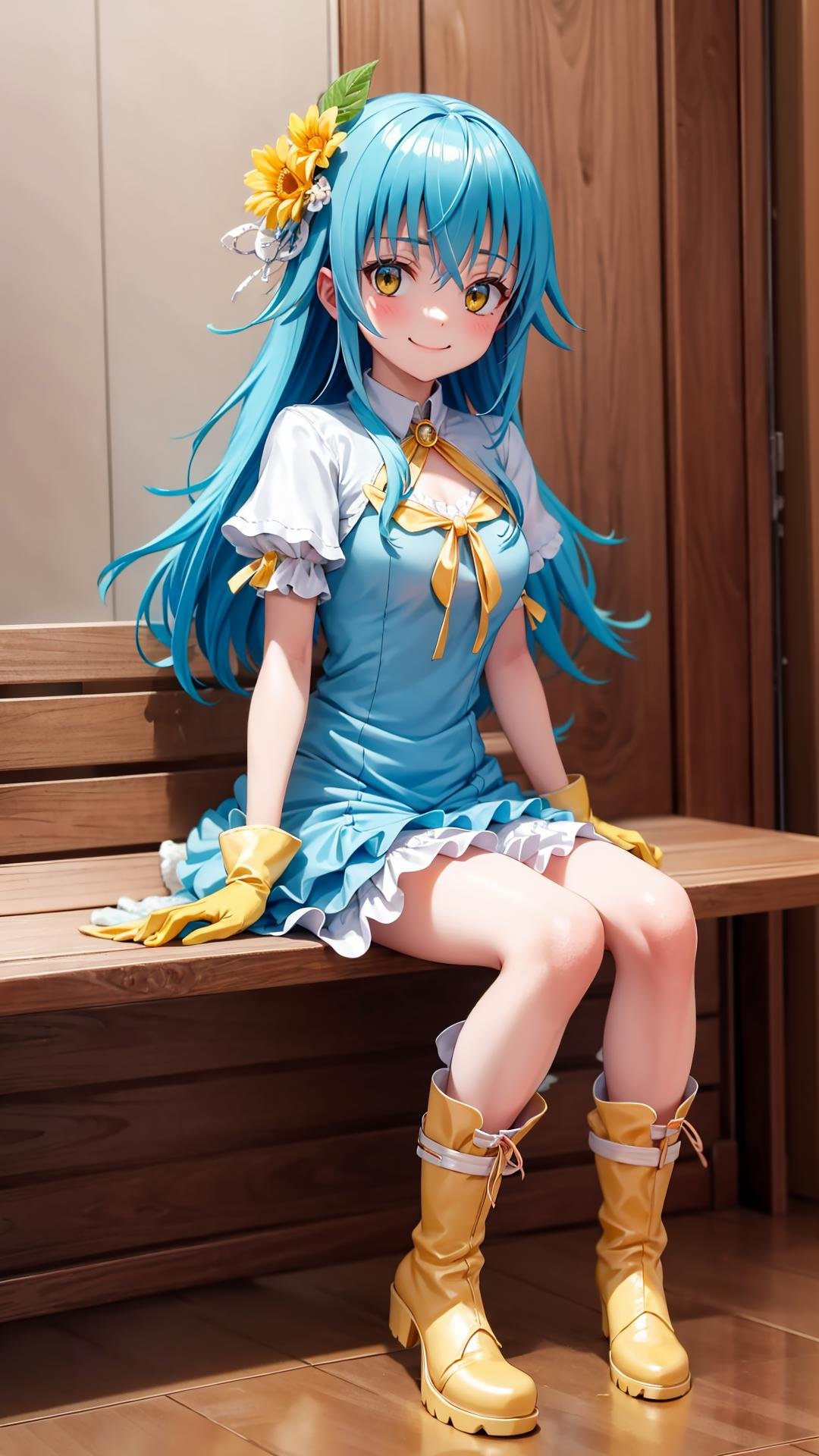 (masterpiece, best quality), ray tracing, absurdres, HDR, rimuruparty, rimuru tempest, 1girl,  light blue hair, yellow eyes,medium breasts,,long hair, flower, hair ornament, hair flower, smile,closed mouth, boots, gloves, looking at viewer, bangs, dress, solo, hair between eyes,full body, ,bloomers,  indoors,blush ,sitting,<lora:rimuruparty:0.8>