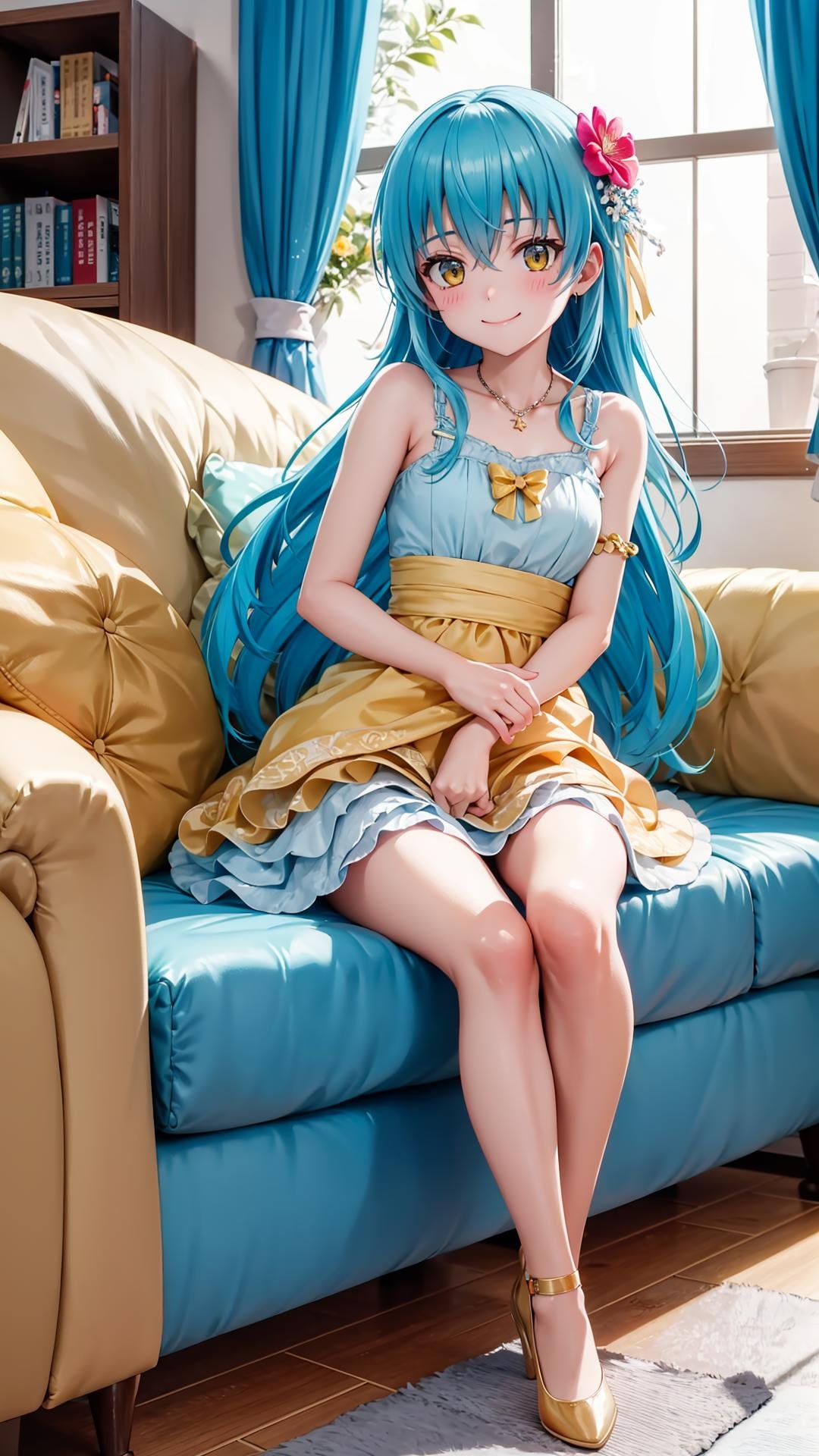 (masterpiece, best quality), ray tracing, absurdres, HDR, rimuruparty, rimuru tempest, 1girl,  light blue hair, yellow eyes,medium breasts,,long hair, flower, hair ornament, hair flower, smile,closed mouth, ,bare legs, , looking at viewer, bangs, dress, solo, hair between eyes,full body, ,,  indoors,living room,blush ,sitting,<lora:rimuruparty:0.7>