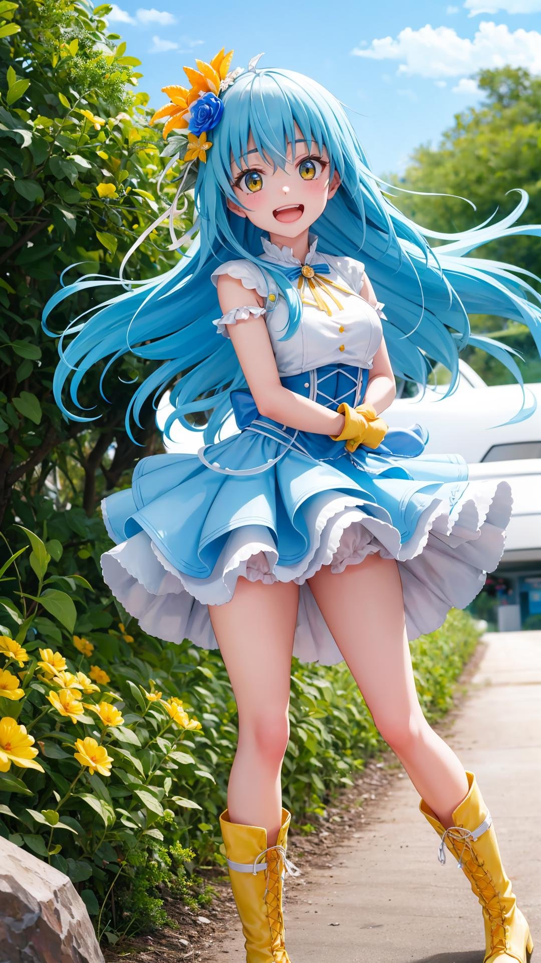 (masterpiece, best quality), ray tracing, absurdres, HDR, rimuruparty, rimuru tempest, 1girl,  light blue hair, yellow eyes,medium breasts,,long hair, flower, hair ornament, hair flower, smile, boots, gloves, looking at viewer, bangs, dress, solo, hair between eyes,cowboy shot, open mouth,bloomers,  outdoors,<lora:rimuruparty:0.8>