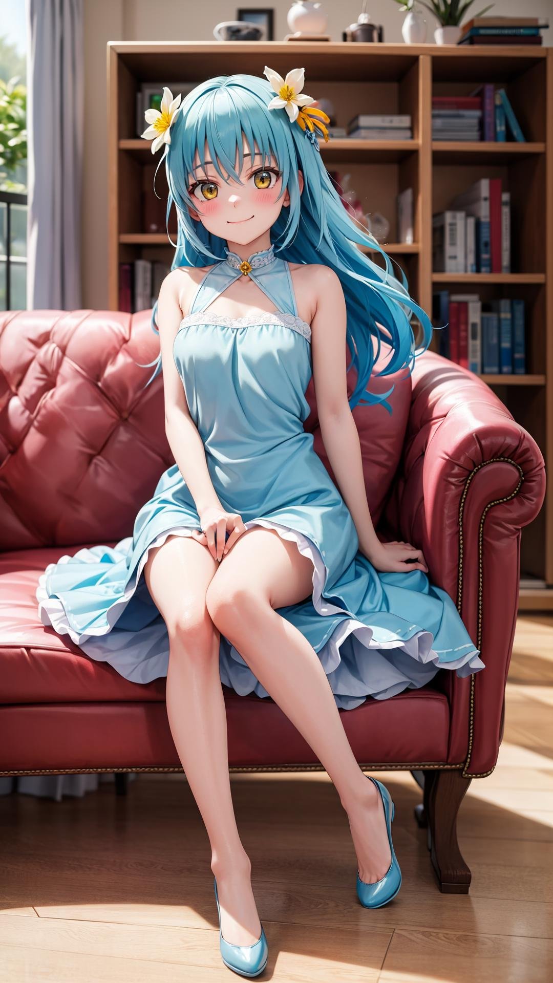 (masterpiece, best quality), ray tracing, absurdres, HDR, rimuruparty, rimuru tempest, 1girl,  light blue hair, yellow eyes,medium breasts,,long hair, flower, hair ornament, hair flower, smile,closed mouth, ,bare legs, , looking at viewer, bangs, dress, solo, hair between eyes,full body, ,,  indoors,living room,blush ,sitting,<lora:rimuruparty:0.7>