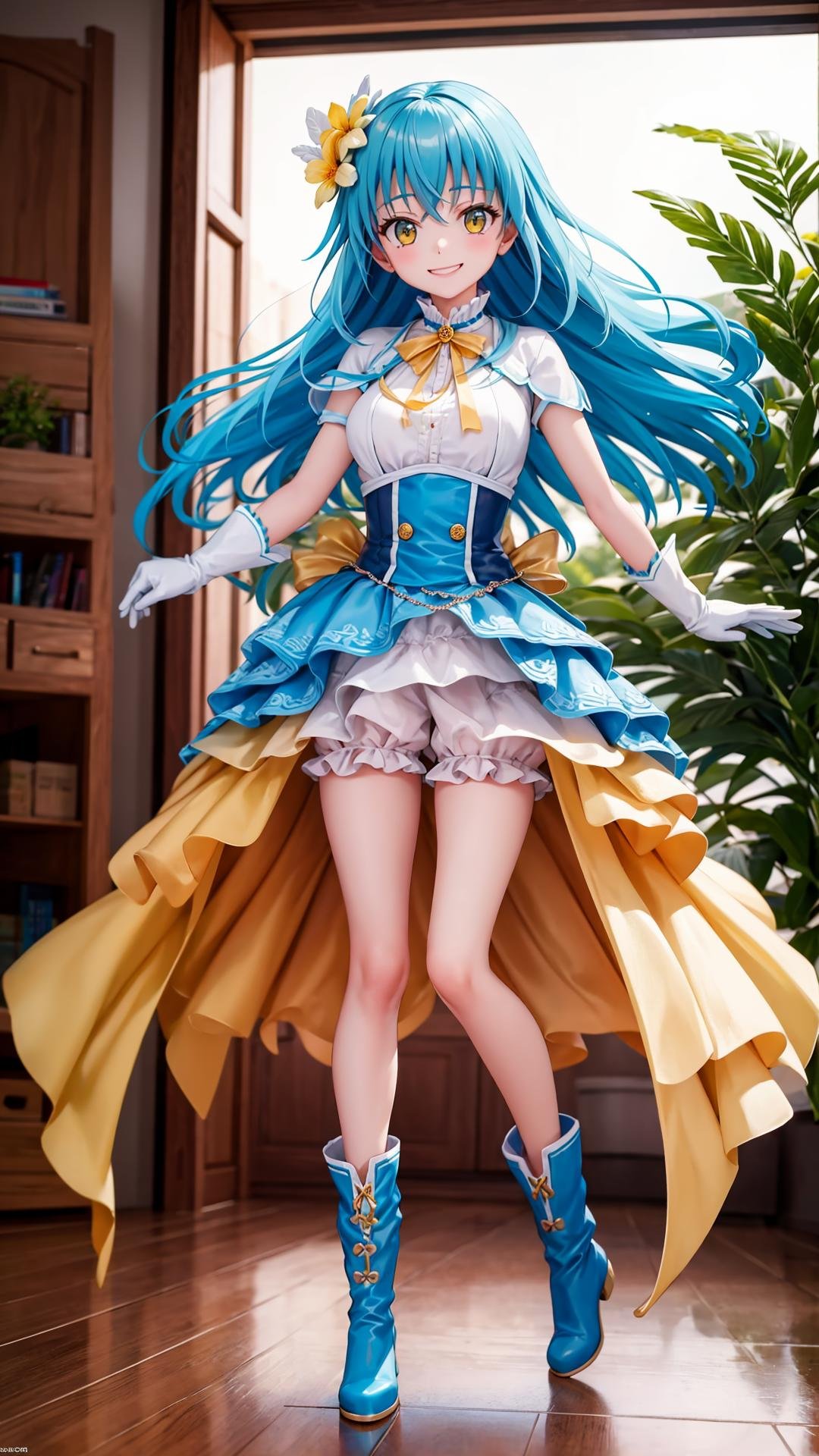 (masterpiece, best quality), ray tracing, absurdres, HDR, rimuruparty, rimuru tempest, 1girl,  light blue hair, yellow eyes,medium breasts,,long hair, flower, hair ornament, hair flower, smile, boots, gloves, looking at viewer, bangs, dress, solo, hair between eyes,full body, ,bloomers,  indoors,<lora:rimuruparty:0.8>