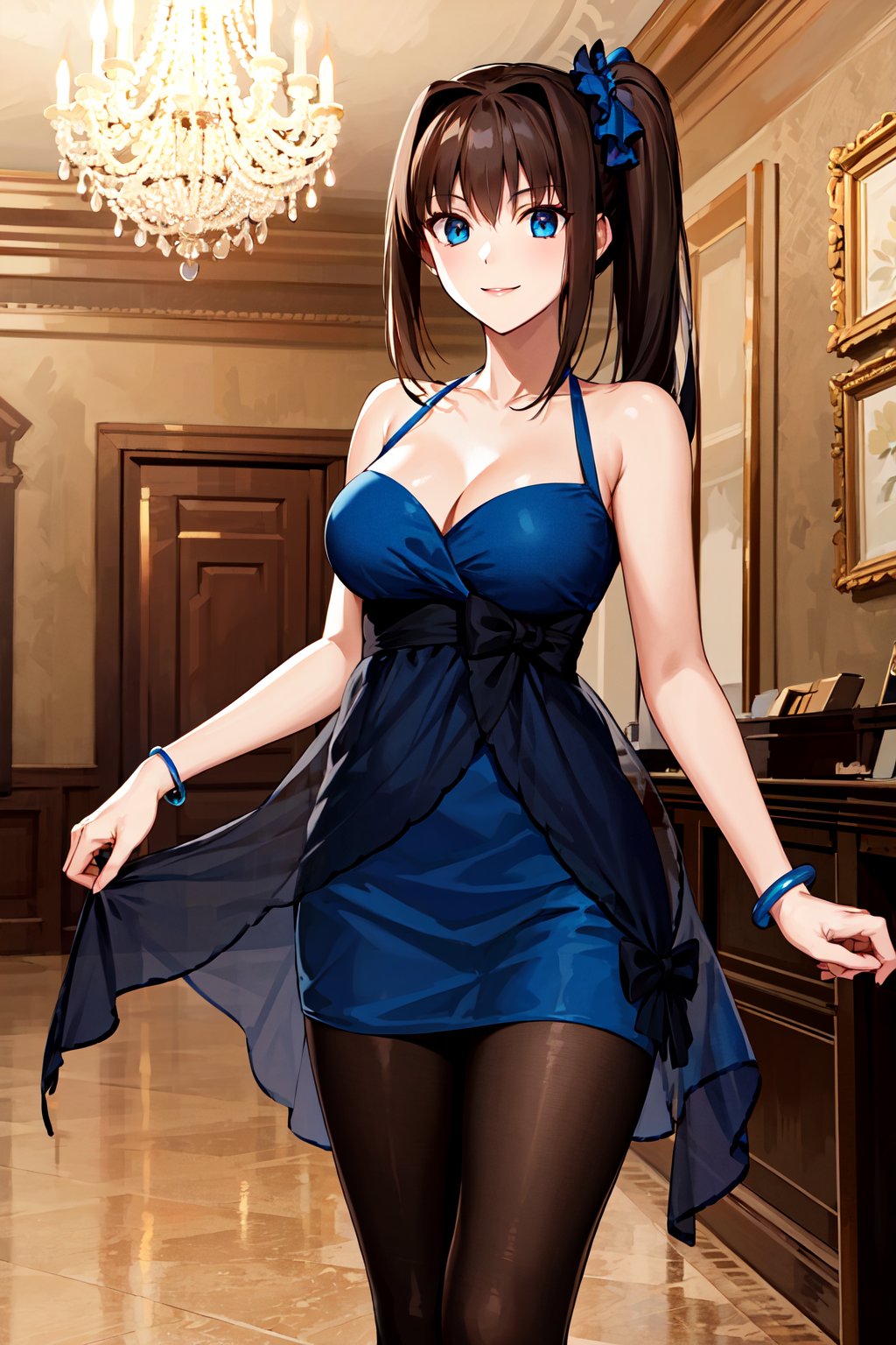 masterpiece, best quality, highres, ddaoko, long hair, brown hair, side ponytail, hair ornament, bare shoulders, blue dress, black bow, bracelet, black pantyhose, <lora:aozaki_aoko_v1:0.8>, indoors, chandelier, standing, cowboy shot, smile,