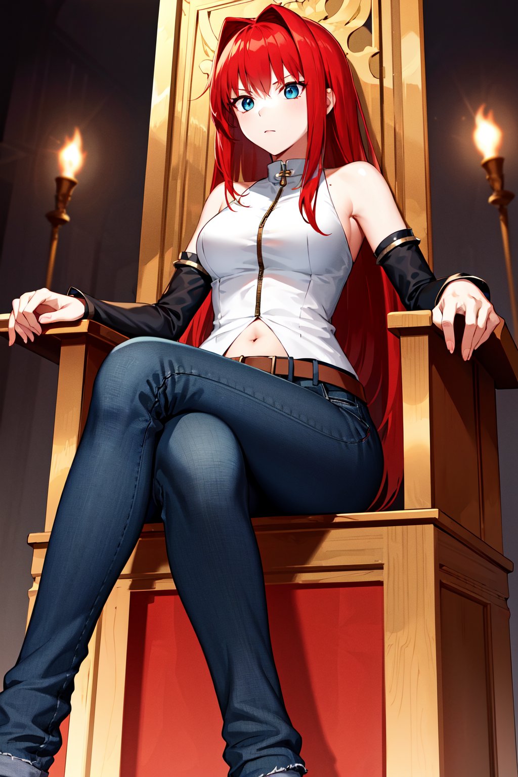 masterpiece, best quality, highres, eeaoko, long hair, red hair, bare shoulders, sleeveless shirt, dress shirt, detached sleeves, black sleeves, zipper, navel, belt, jeans, <lora:aozaki_aoko_v1:0.7>, sitting, crossed legs, throne, 