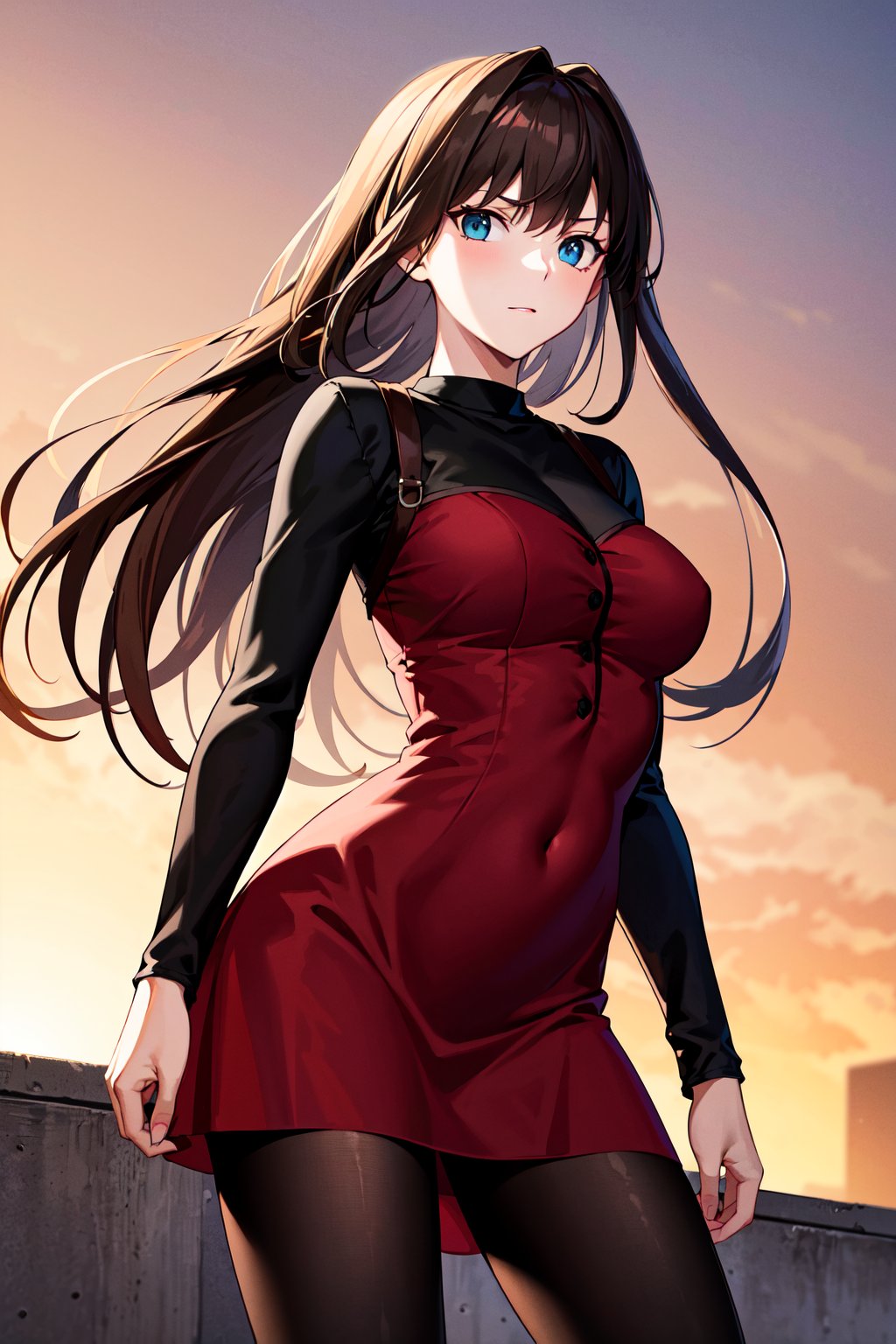 masterpiece, best quality, highres, aaaoko, long hair, brown hair, black shirt, red dress, long sleeves, black pantyhose, <lora:aozaki_aoko_v1:0.7>, cowboy shot, standing, street, looking at viewer, sunset