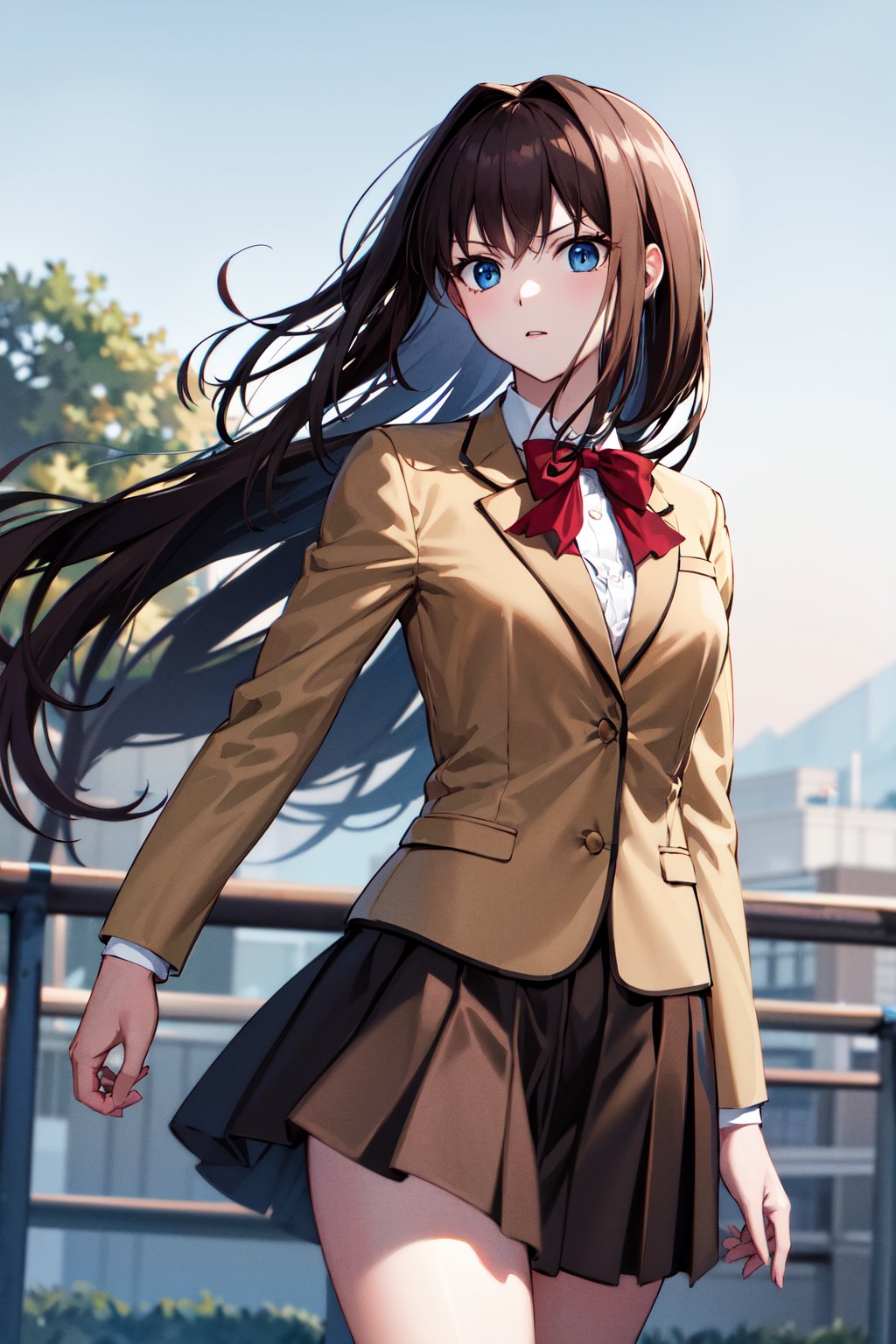 masterpiece, best quality, highres, bbaoko, long hair, brown hair, school uniform, red bow, blazer, brown jacket, black skirt, black socks, <lora:aozaki_aoko_v1:0.7>, outdoors, cowboy shot, standing