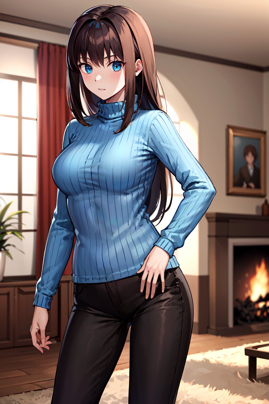 masterpiece, best quality, highres, ccaoko, long hair, brown hair, turtleneck, blue sweater, ribbed sweater, long sleeves, black pants, <lora:aozaki_aoko_v1:0.7>, indoors, living room, standing, cowboy shot, 