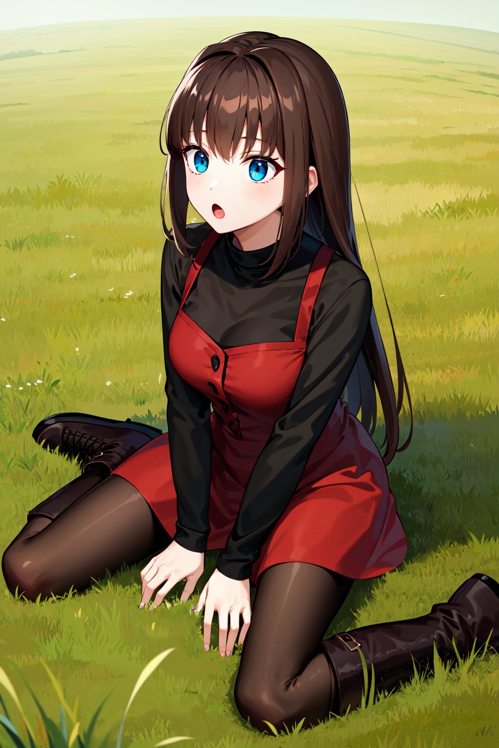 masterpiece, best quality, highres, aaaoko, long hair, brown hair, black shirt, red dress, long sleeves, black pantyhose, <lora:aozaki_aoko_v1:0.7>, grass, outdoors, field, wariza, :o, boots, brown footwear, 