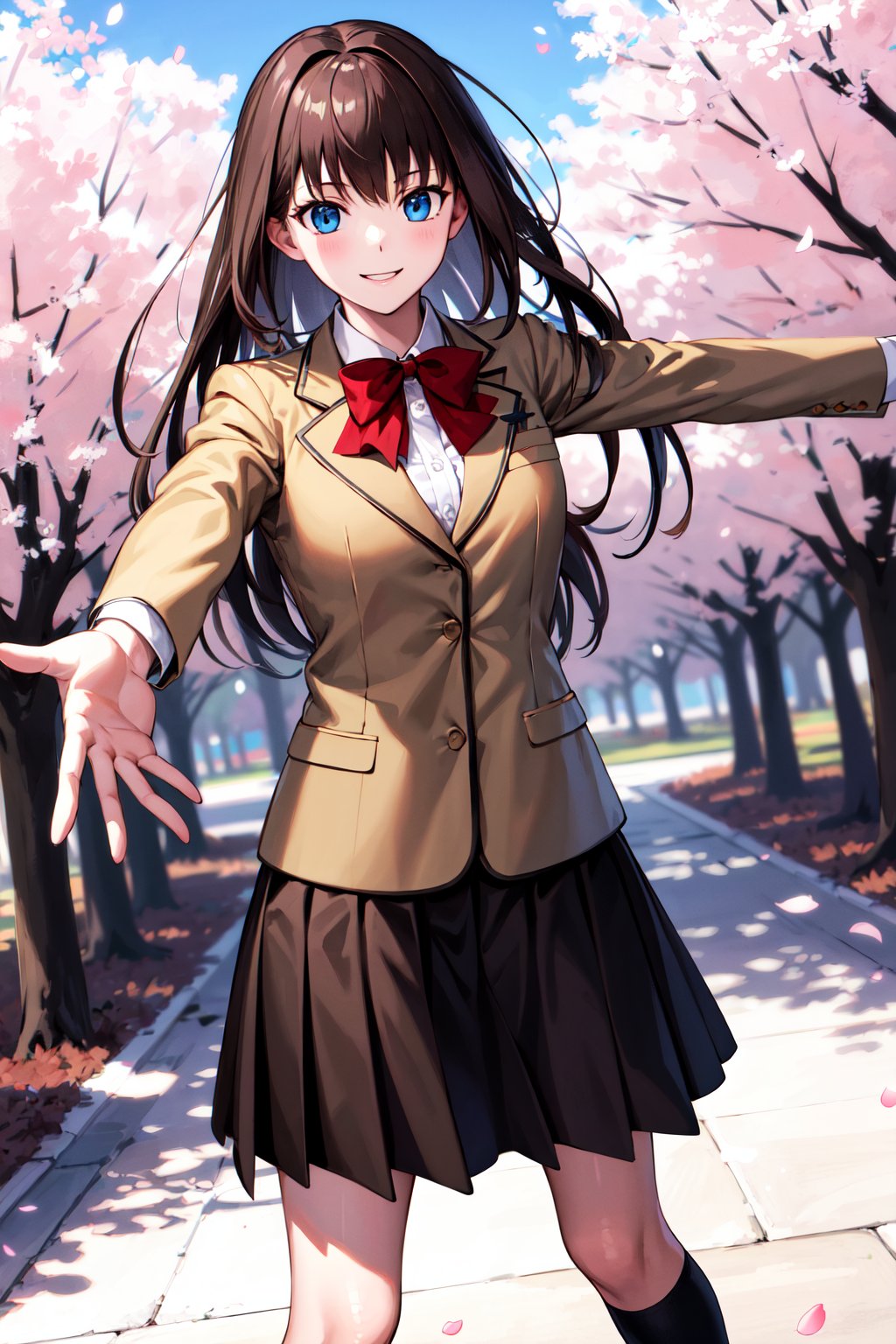 masterpiece, best quality, highres, bbaoko, long hair, brown hair, school uniform, red bow, blazer, brown jacket, black skirt, black socks, <lora:aozaki_aoko_v1:0.7>, cherry blossoms, outdoors, cowboy shot, standing, smile, outstretched arms, 