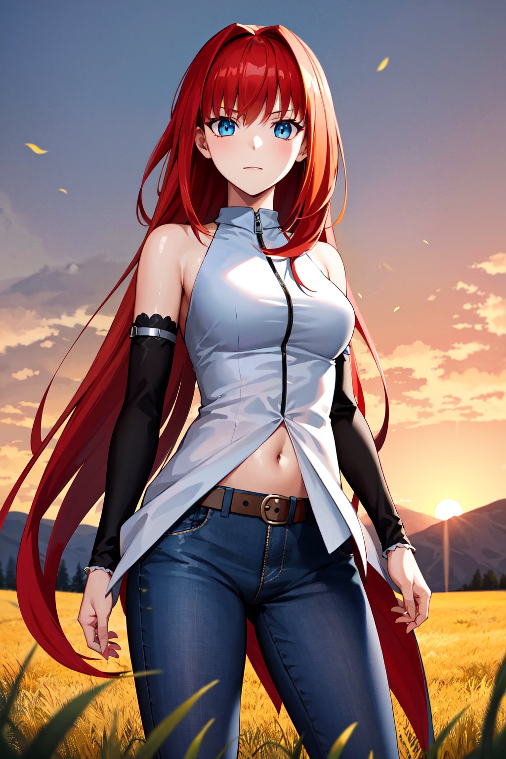 masterpiece, best quality, highres, eeaoko, long hair, red hair, bare shoulders, sleeveless shirt, dress shirt, detached sleeves, black sleeves, zipper, navel, belt, jeans, <lora:aozaki_aoko_v1:0.7>, cowboy shot, standing, field, sunset, looking at viewer, 