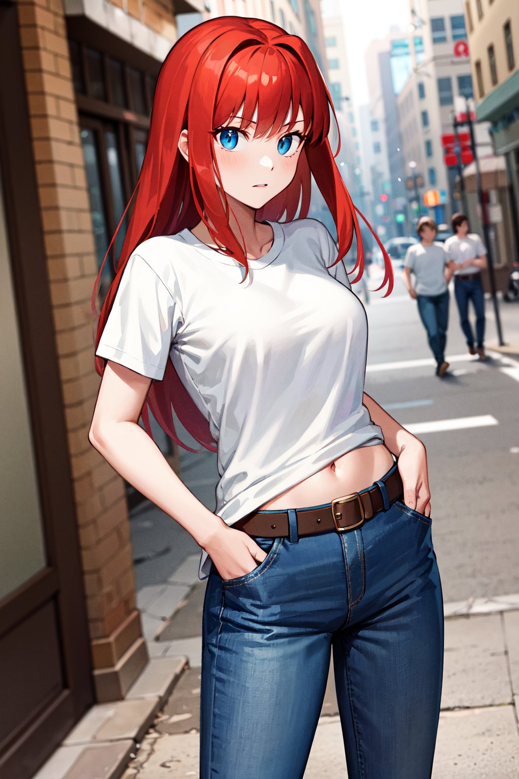 masterpiece, best quality, highres, ffaoko, long hair, red hair, t-shirt, white shirt, belt, blue pants, <lora:aozaki_aoko_v1:0.7>, cowboy shot, street, hands in pockets, cowboy shot, navel,