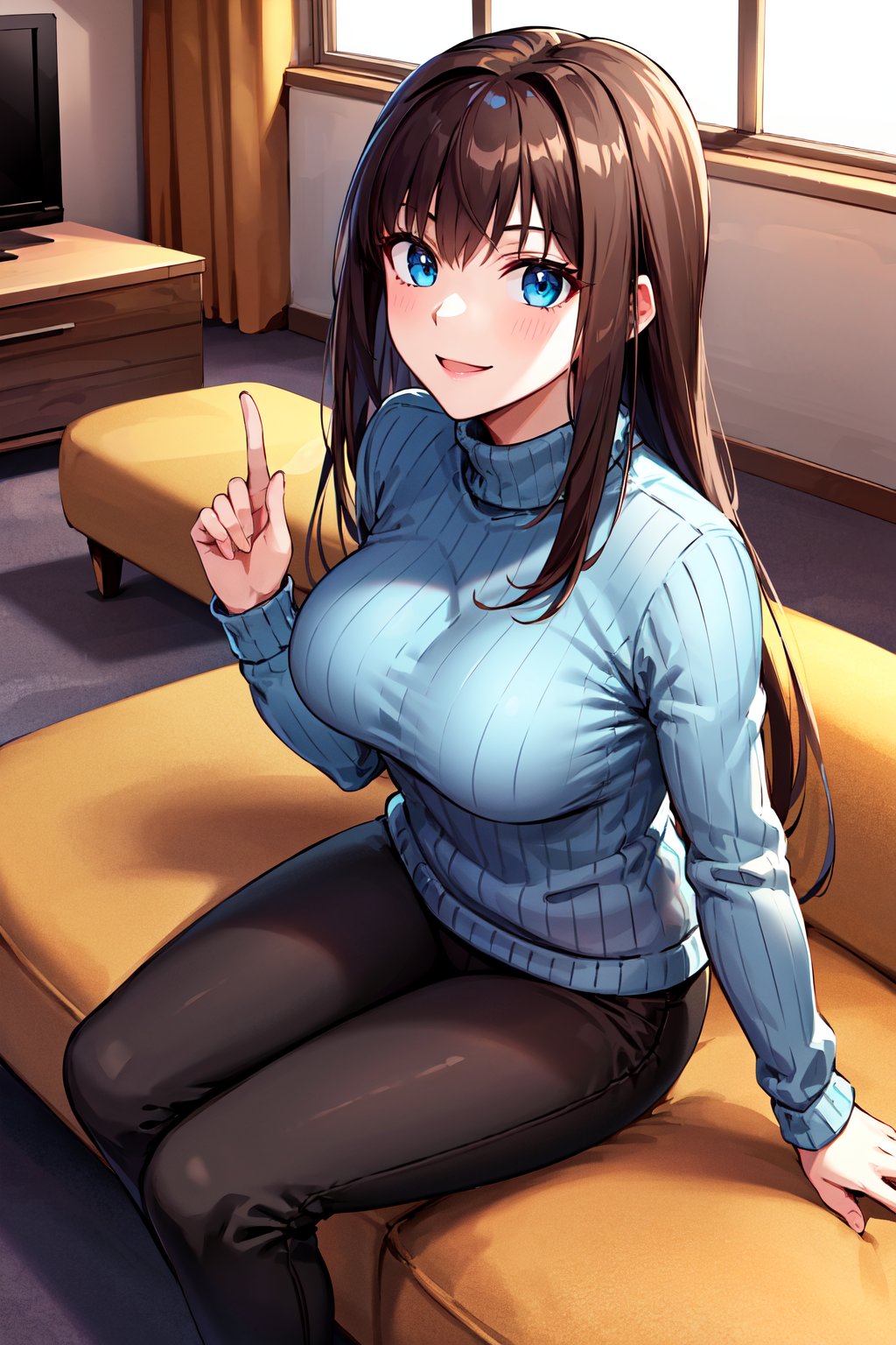 masterpiece, best quality, highres, ccaoko, long hair, brown hair, turtleneck, blue sweater, ribbed sweater, long sleeves, black pants, <lora:aozaki_aoko_v1:0.7>, indoors, living room, sitting, sofa, smile