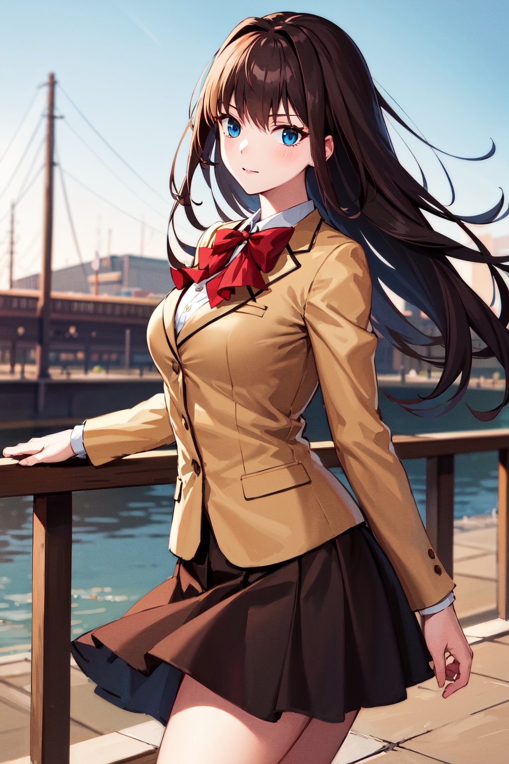 masterpiece, best quality, highres, bbaoko, long hair, brown hair, school uniform, red bow, blazer, brown jacket, black skirt, black socks, <lora:aozaki_aoko_v1:0.7>, outdoors, cowboy shot, standing