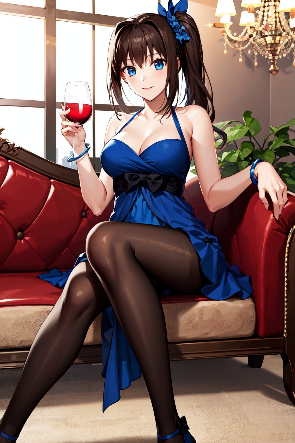 masterpiece, best quality, highres, ddaoko, long hair, brown hair, side ponytail, hair ornament, bare shoulders, blue dress, black bow, bracelet, black pantyhose, <lora:aozaki_aoko_v1:0.7>, indoors, sofa, sitting, chandelier, holding glass, wine glass, smile