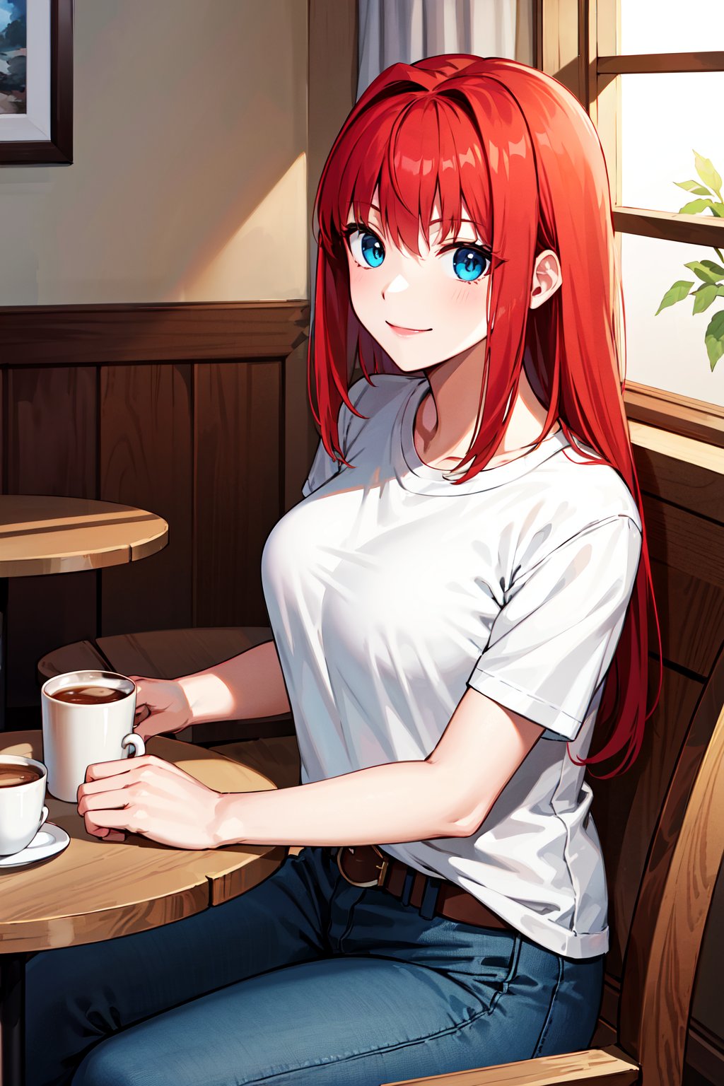 masterpiece, best quality, highres, ffaoko, long hair, red hair, t-shirt, white shirt, belt, blue pants, <lora:aozaki_aoko_v1:0.7>, sitting, indoors, cafe, table, coffee, smile, 