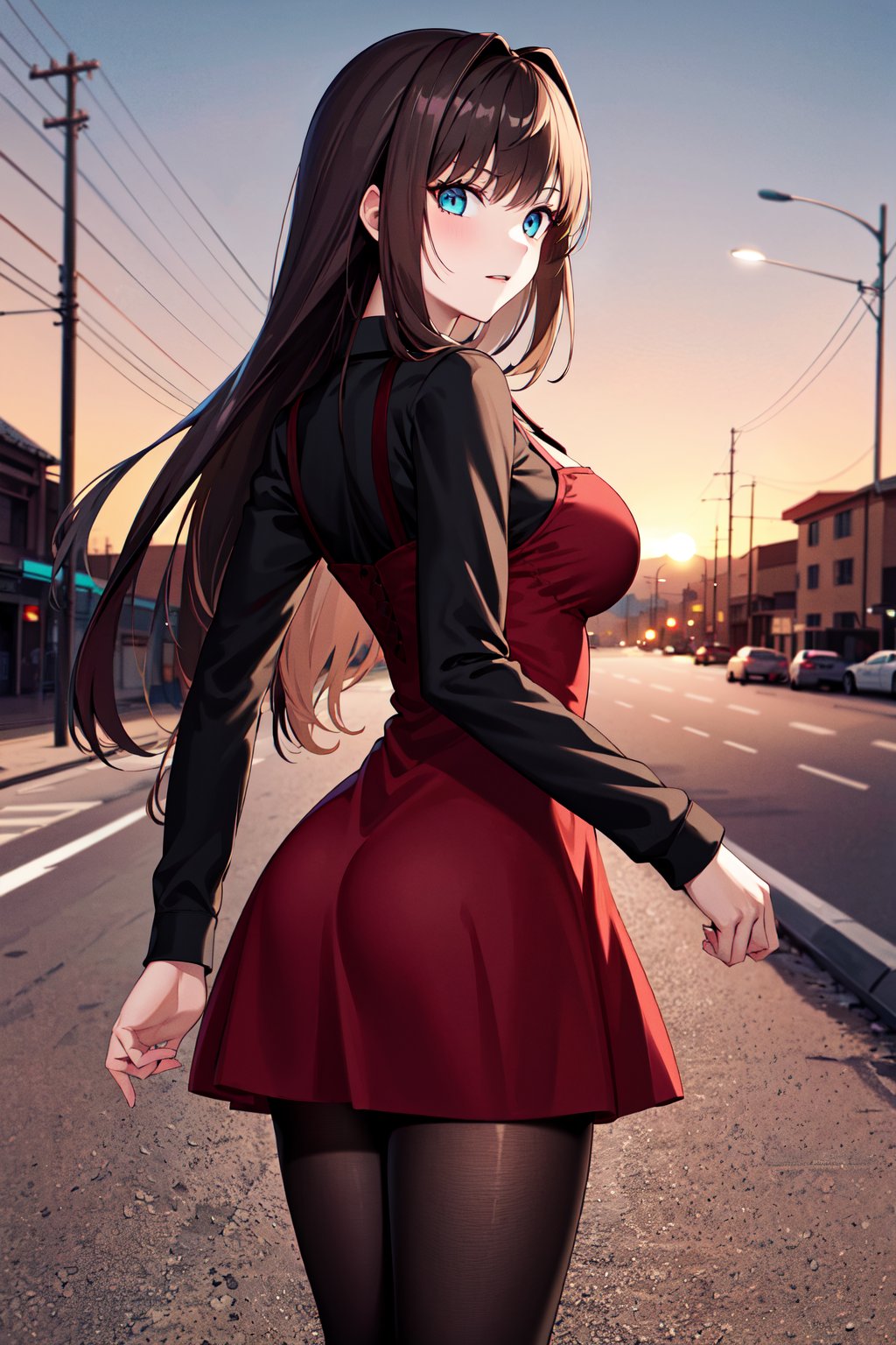 masterpiece, best quality, highres, aaaoko, long hair, brown hair, black shirt, red dress, long sleeves, black pantyhose, <lora:aozaki_aoko_v1:0.7>, cowboy shot, standing, street, looking at viewer, sunset