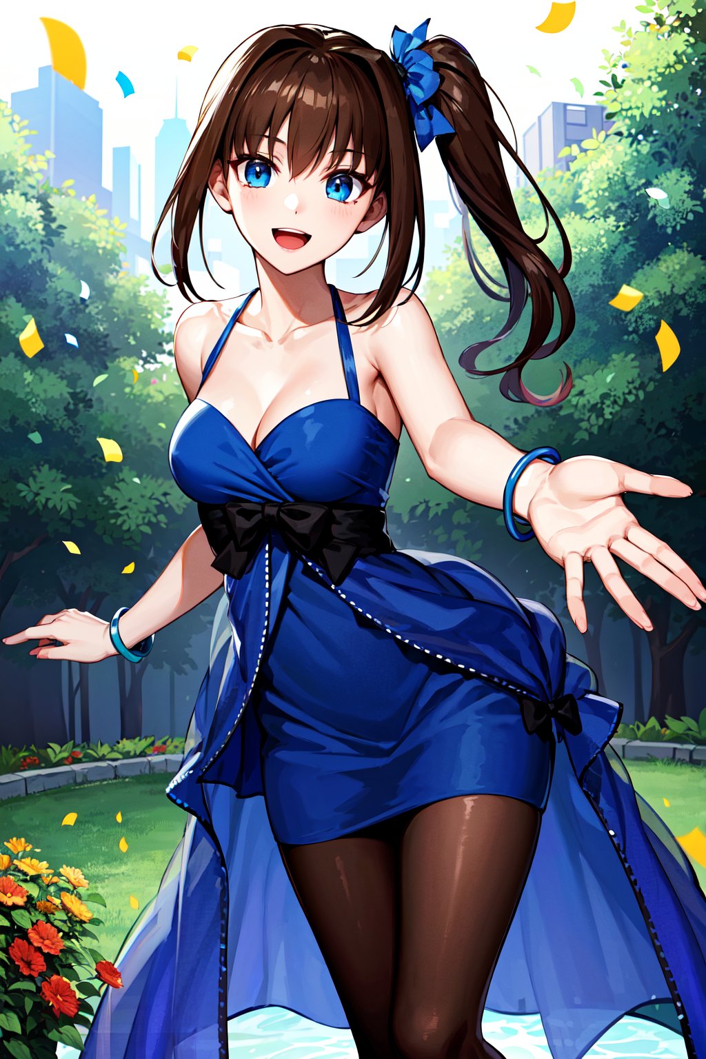 masterpiece, best quality, highres, ddaoko, long hair, brown hair, side ponytail, hair ornament, bare shoulders, blue dress, black bow, bracelet, black pantyhose, <lora:aozaki_aoko_v1:0.7>, garden, confetti, smile, reaching out, blue sky, open mouth,