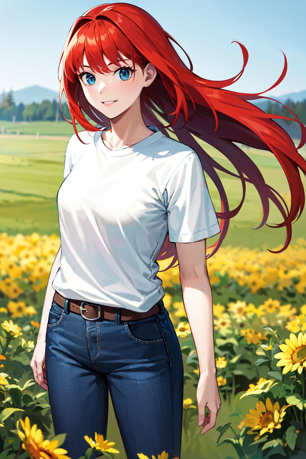 masterpiece, best quality, highres, ffaoko, long hair, red hair, t-shirt, white shirt, belt, blue pants, <lora:aozaki_aoko_v1:0.7>, cowboy shot, standing, outdoors, field, smile