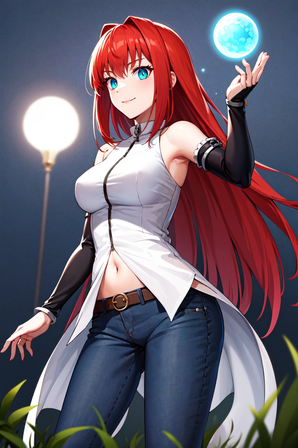 masterpiece, best quality, highres, eeaoko, long hair, red hair, bare shoulders, sleeveless shirt, dress shirt, detached sleeves, black sleeves, zipper, navel, belt, jeans, <lora:aozaki_aoko_v1:0.7>, standing, (magic:1.2), smile, hand up, grass, night