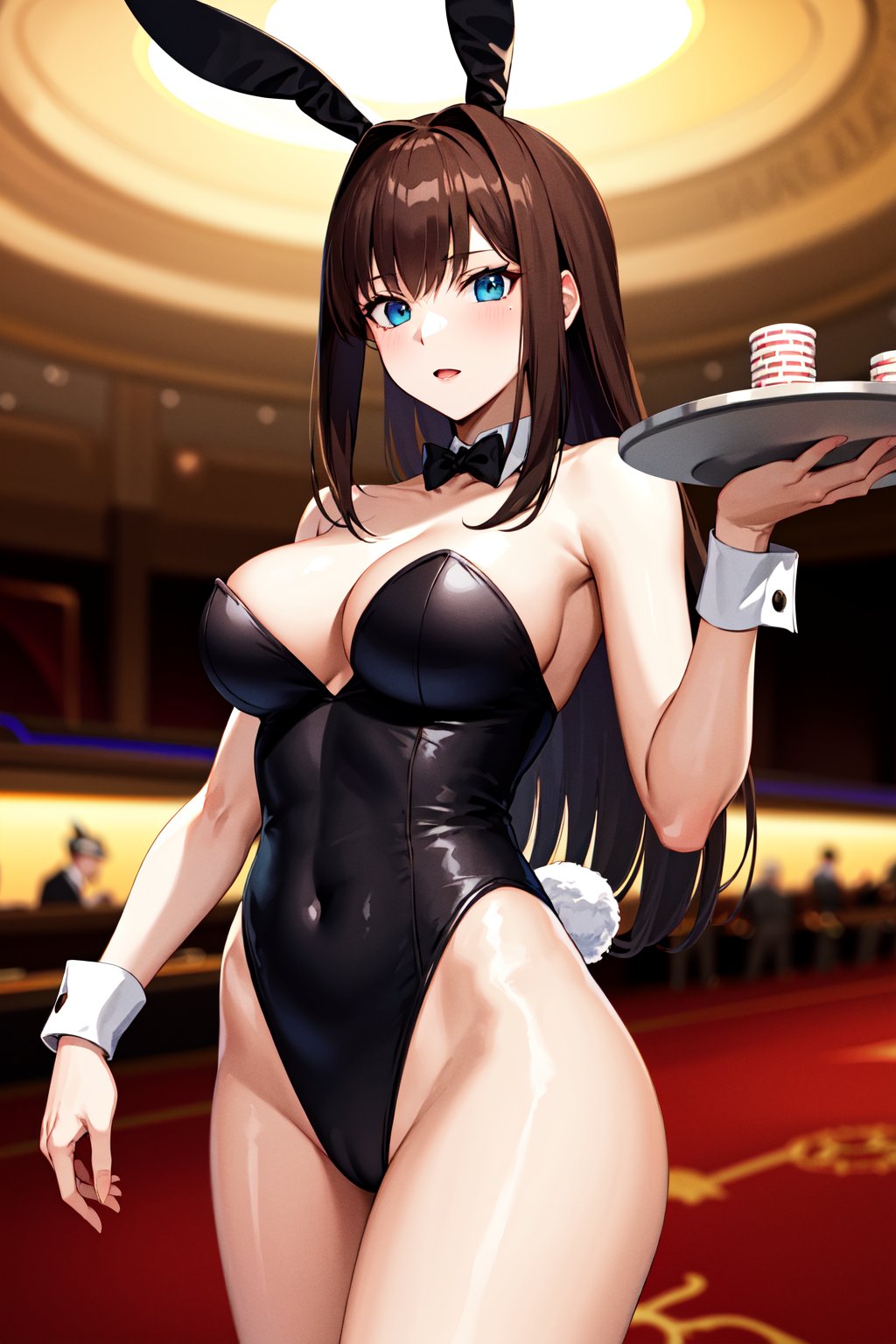 masterpiece, best quality, highres, aaaoko, long hair, brown hair, <lora:aozaki_aoko_v1:0.7>, playboy bunny, rabbit ears, casino, cowboy shot, standing, holding tray, 