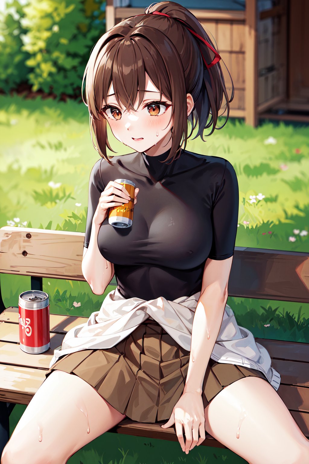 masterpiece, best quality, highres, hyuugaise, short hair, ponytail, hair ribbon, black shirt, skin tight, brown skirt, clothes around waist, <lora:hyuuga_&_ise_v1:0.8>, outdoors, sitting, sweat, bench, holding can