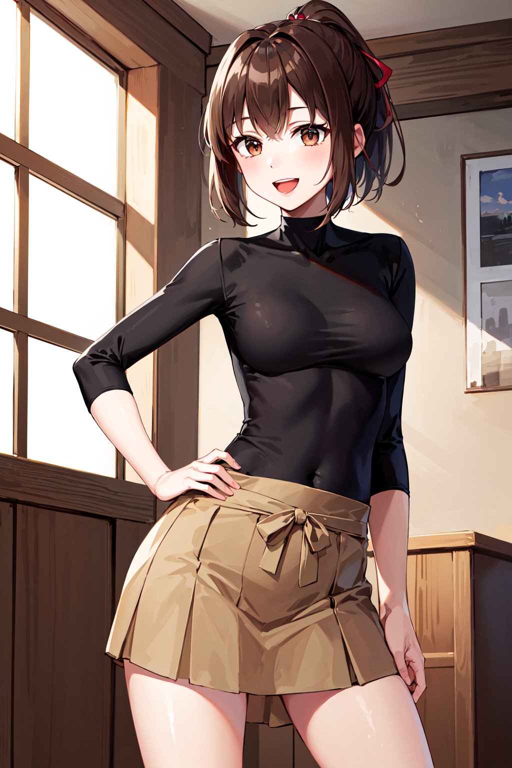 masterpiece, best quality, highres, hyuugaise, short hair, ponytail, hair ribbon, black shirt, skin tight, brown skirt, <lora:hyuuga_&_ise_v1:0.8>, indoors, hand on hip, smile, open mouth, 