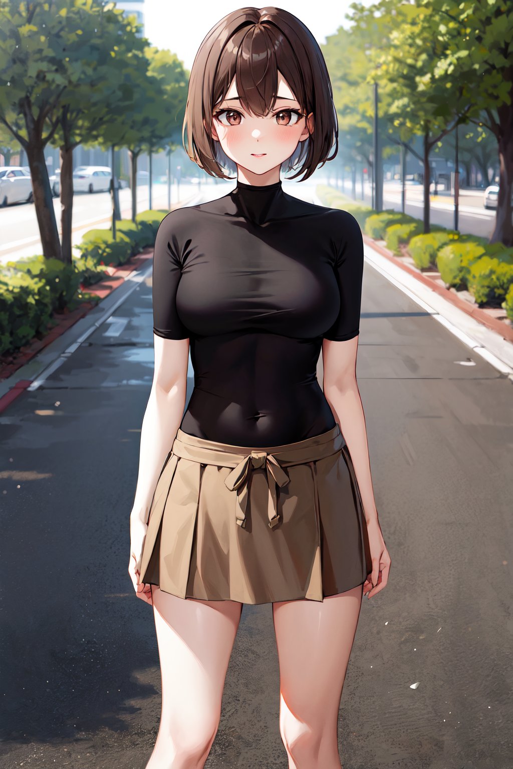 masterpiece, best quality, highres, hyuugaise, short hair, black shirt, skin tight, brown skirt, <lora:hyuuga_&_ise_v1:0.8>, standing, park,