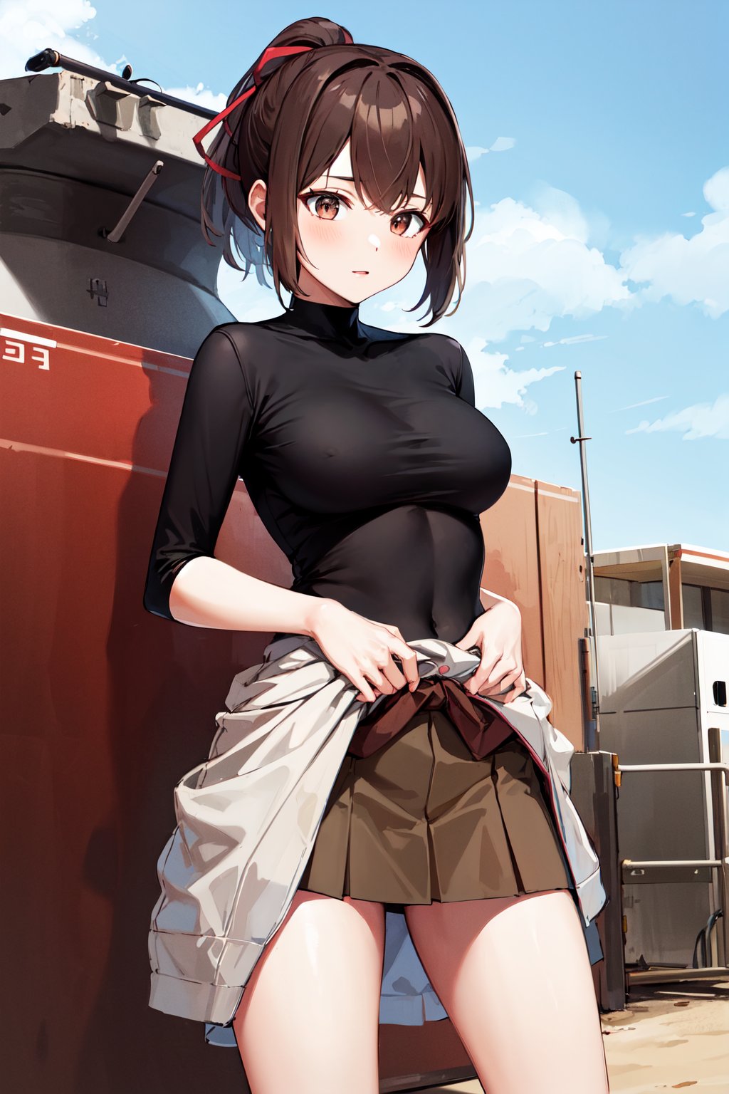 masterpiece, best quality, highres, hyuugaise, short hair, ponytail, hair ribbon, black shirt, skin tight, brown skirt, clothes around waist, <lora:hyuuga_&_ise_v1:0.8>, outdoors, standing, cowboy shot, 