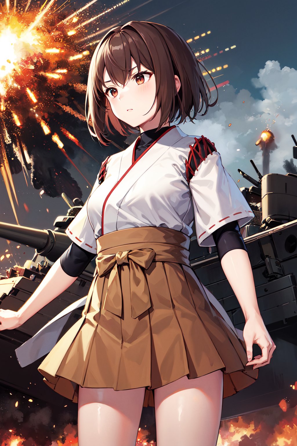 masterpiece, best quality, highres, hyuugaise, short hair, japanese clothes, short sleeves, hakama skirt, brown skirt, <lora:hyuuga_&_ise_v1:0.8>, standing, serious, war, explosion, cowboy shot