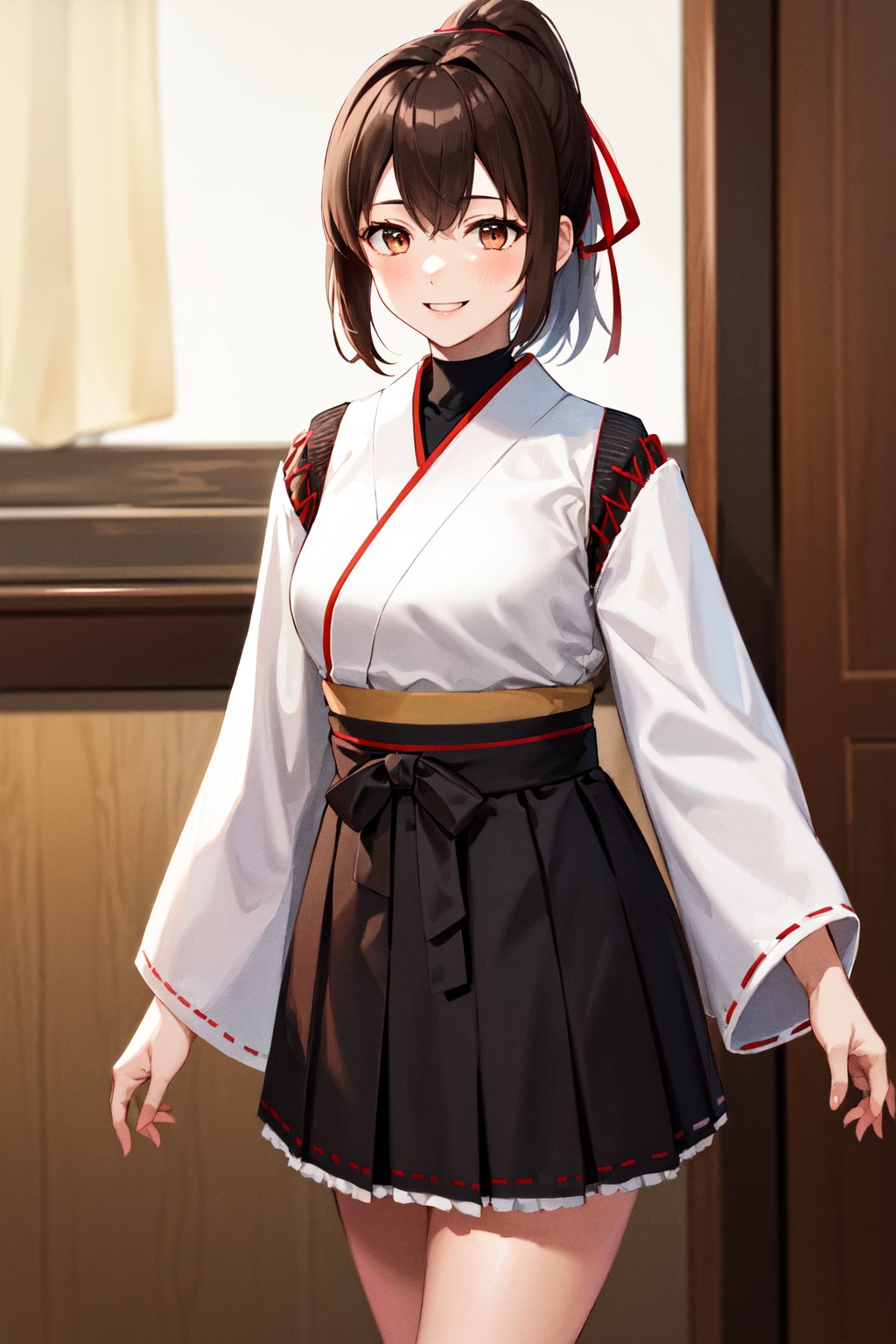 masterpiece, best quality, highres, hyuugaise, short hair, ponytail, hair ribbon, japanese clothes, long sleeves, hakama skirt, black skirt, <lora:hyuuga_&_ise_v1:0.8>, smile, standing, cowboy shot,